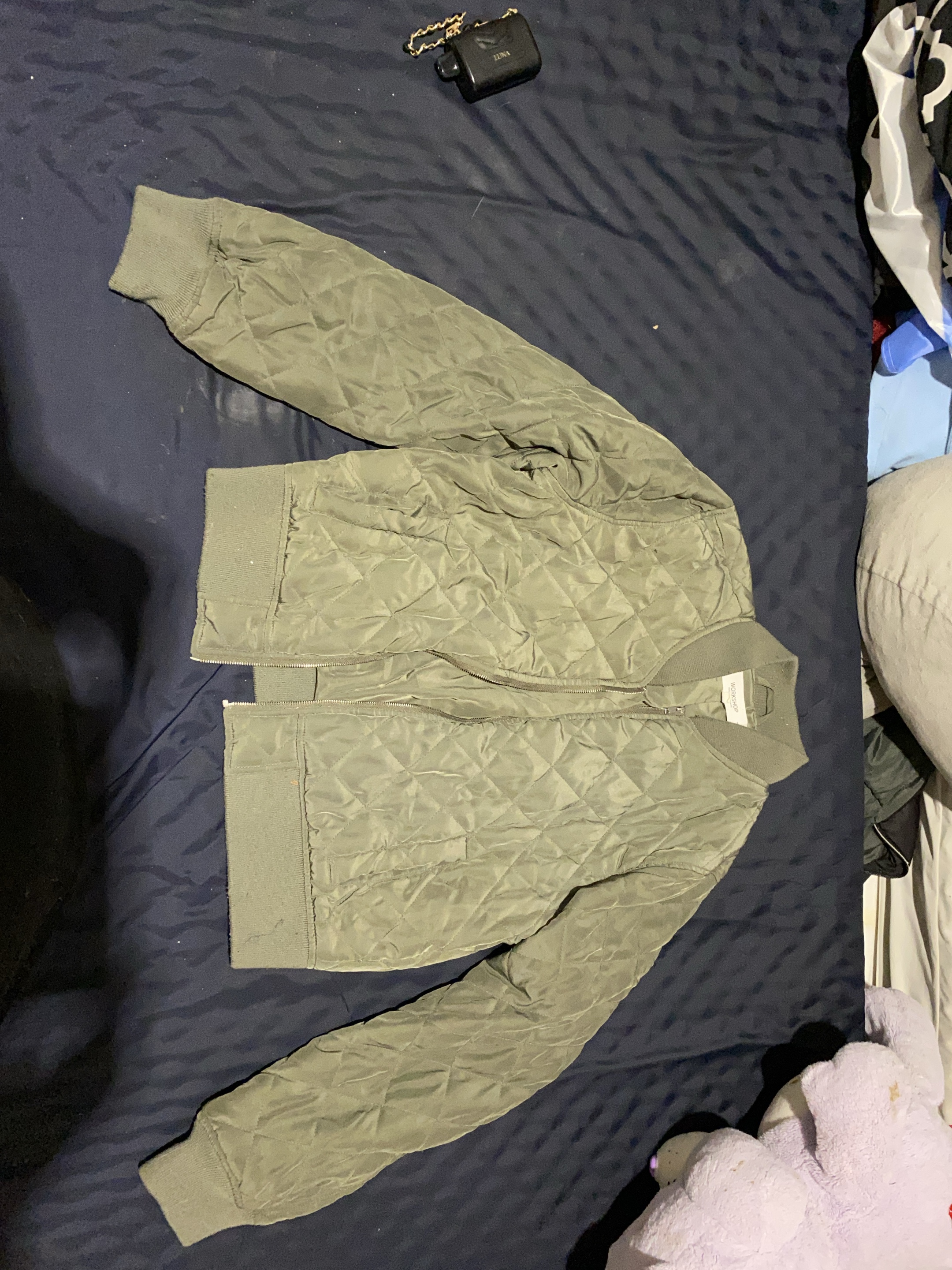 Olive Green Quilted Bomber Jacket thumbnail
