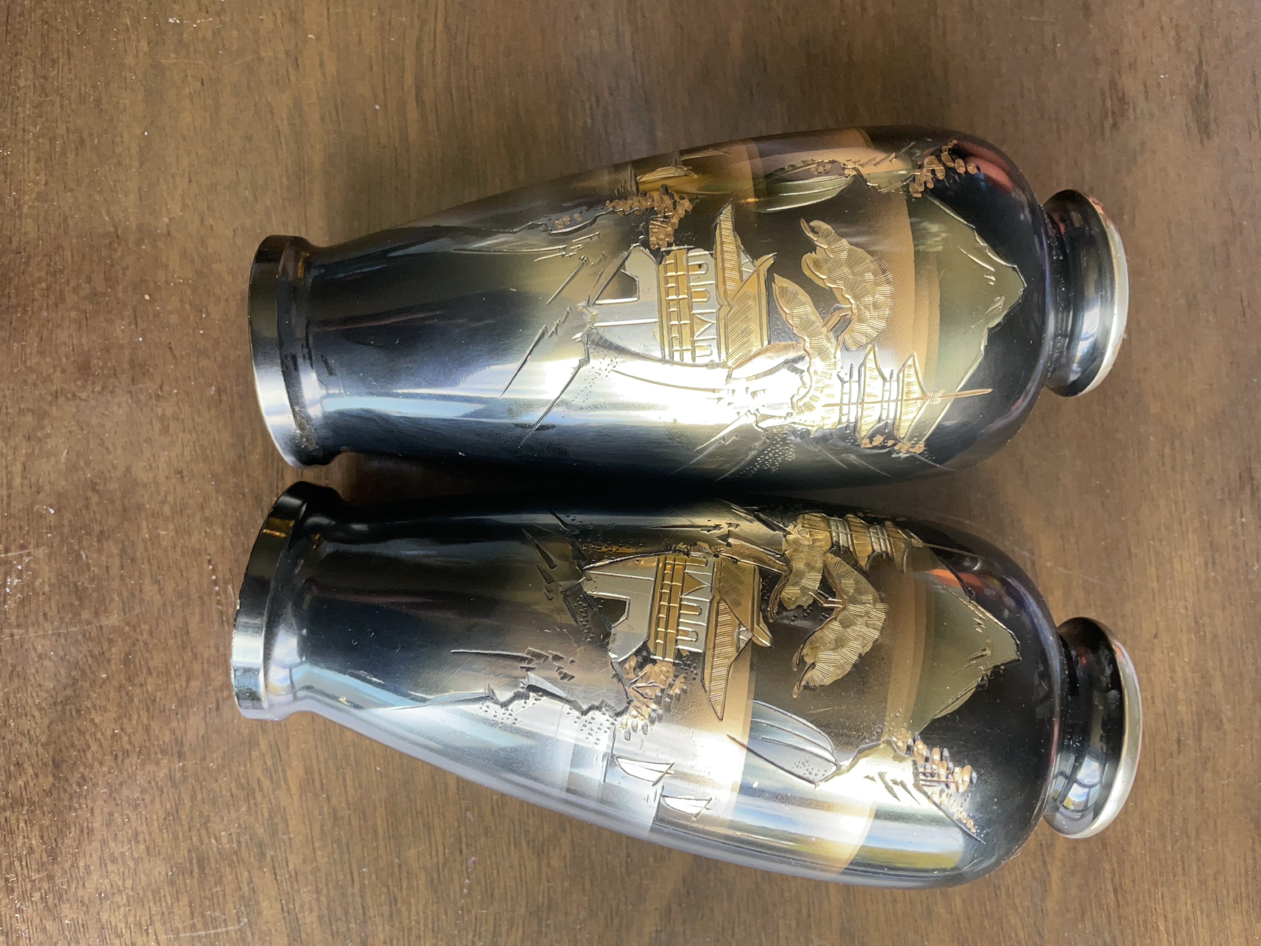 Pair of Vintage Japanese Vases, Black and Gold, Asian Decor thumbnail