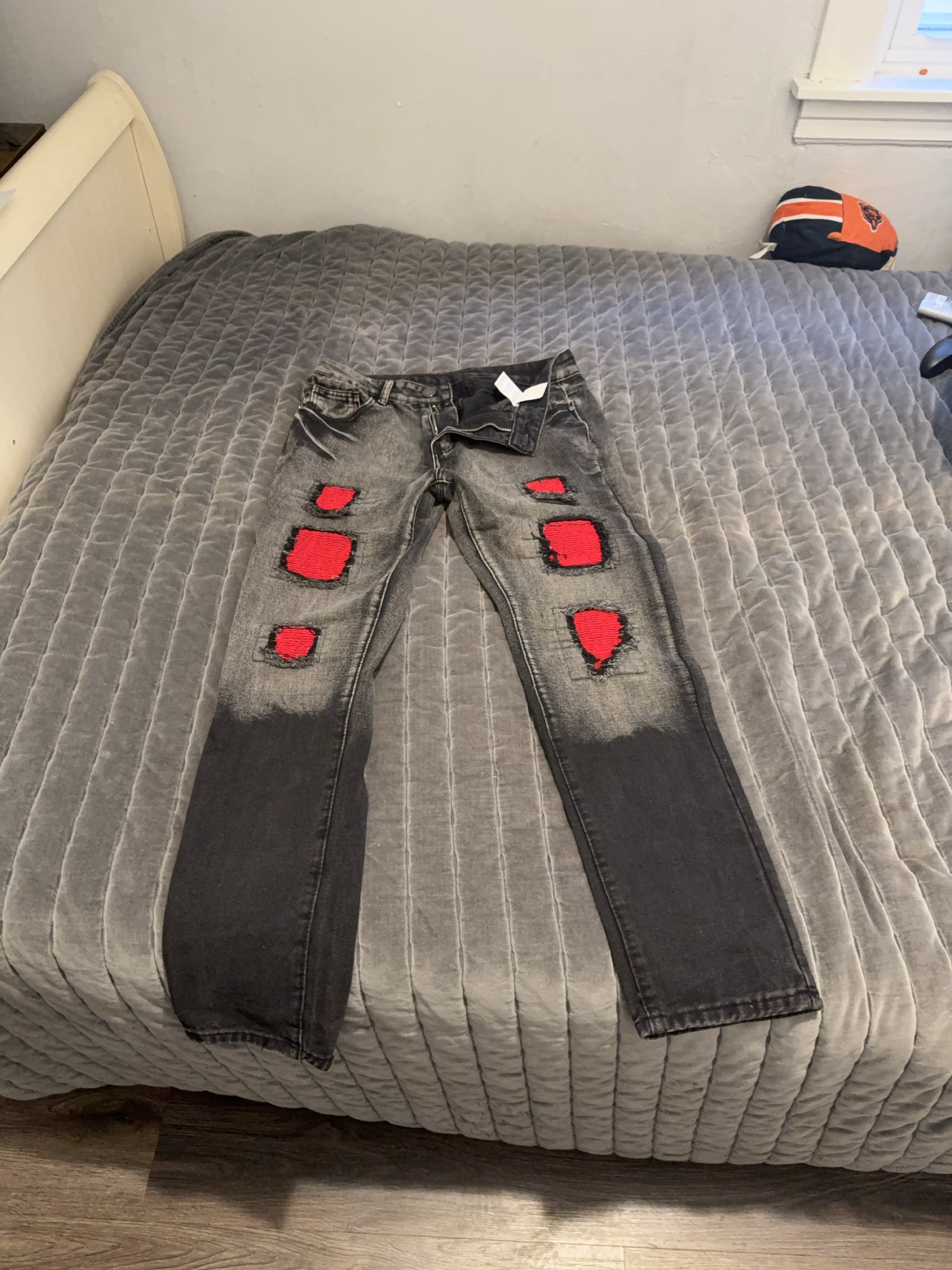 Black Distressed Jeans with Red Patches thumbnail