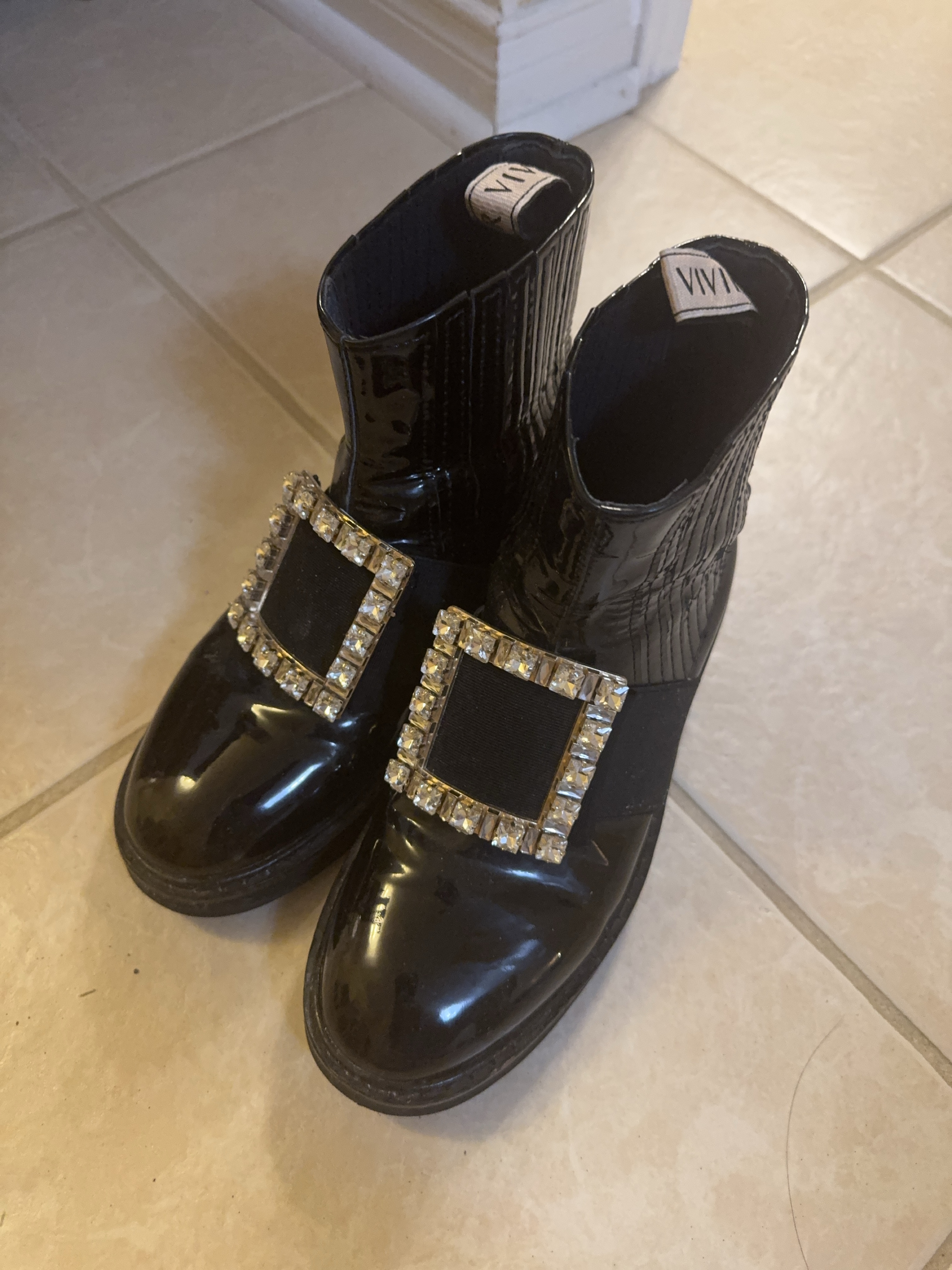 Roger Vivier- Black Patent Ankle Boots with Crystal Buckle thumbnail