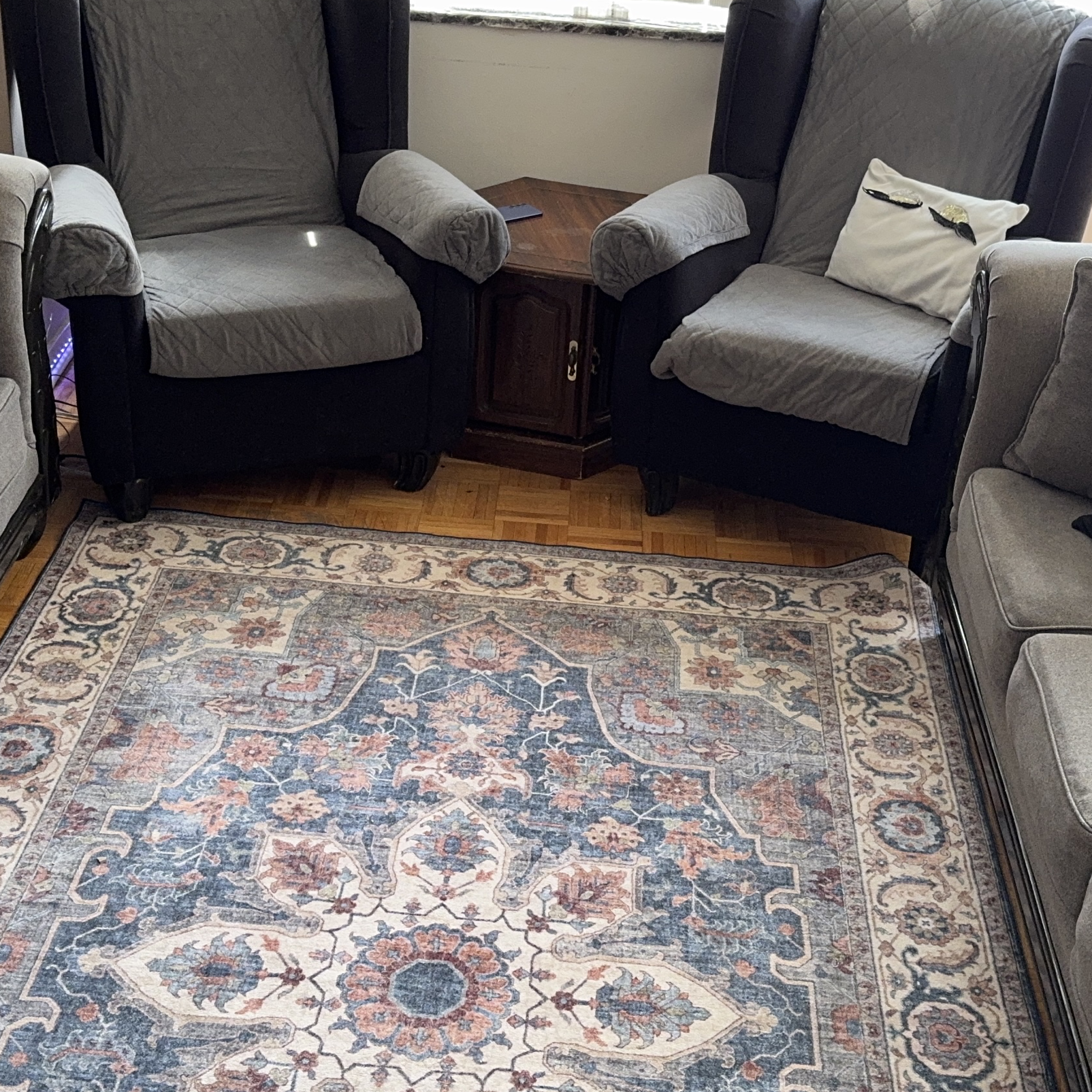 Grey Fabric Sofa Set with Two Wingback Chairs and Rug thumbnail