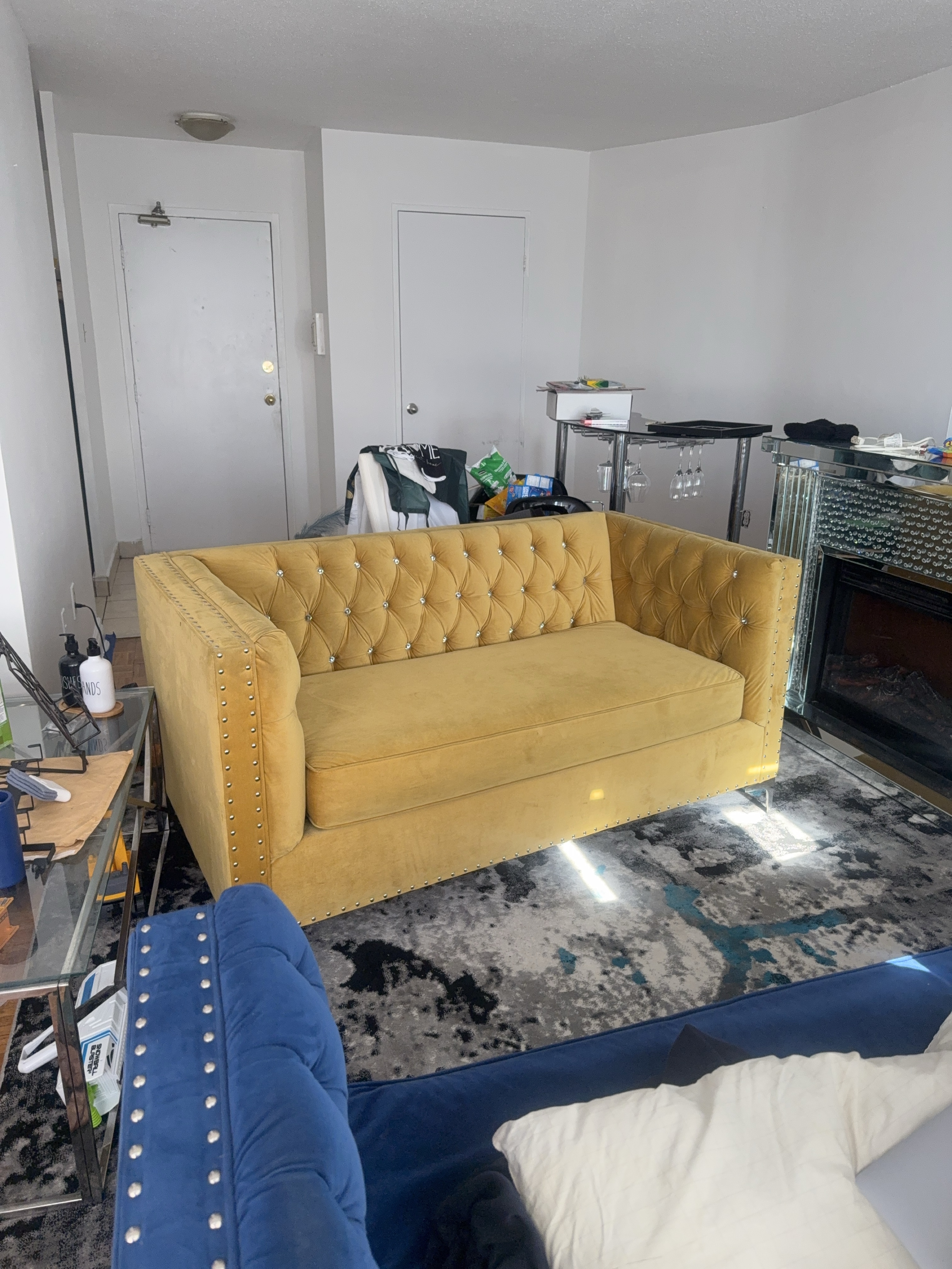Mustard Yellow Velvet Loveseat with Crystal Buttons