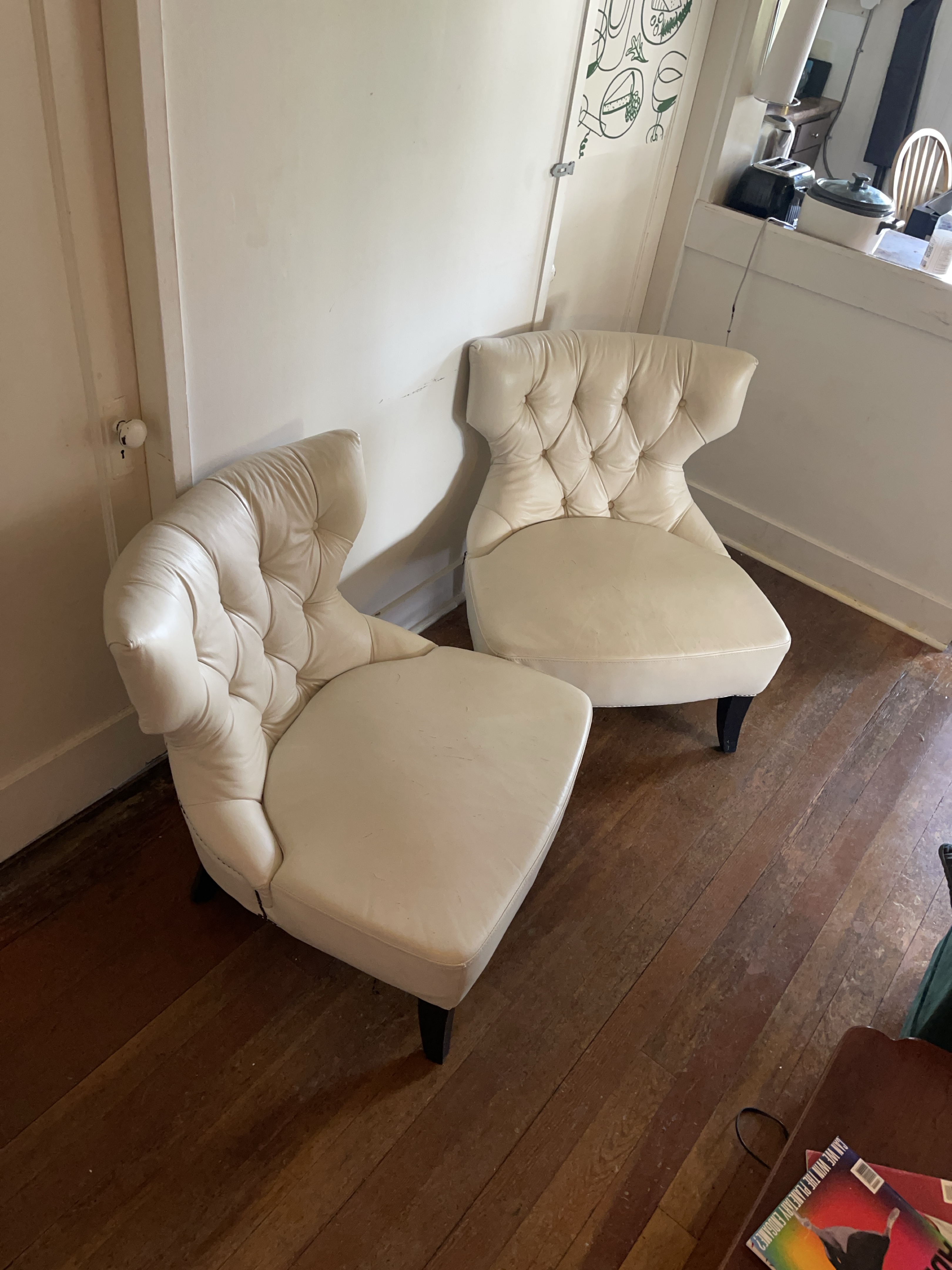 Pair of off-white leather button tufted chairs thumbnail