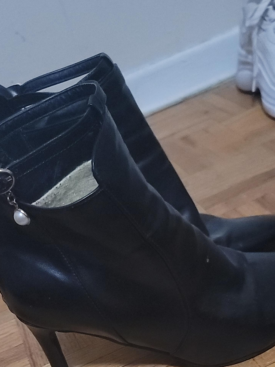 Black Leather Ankle Boots with Pearl Detail thumbnail