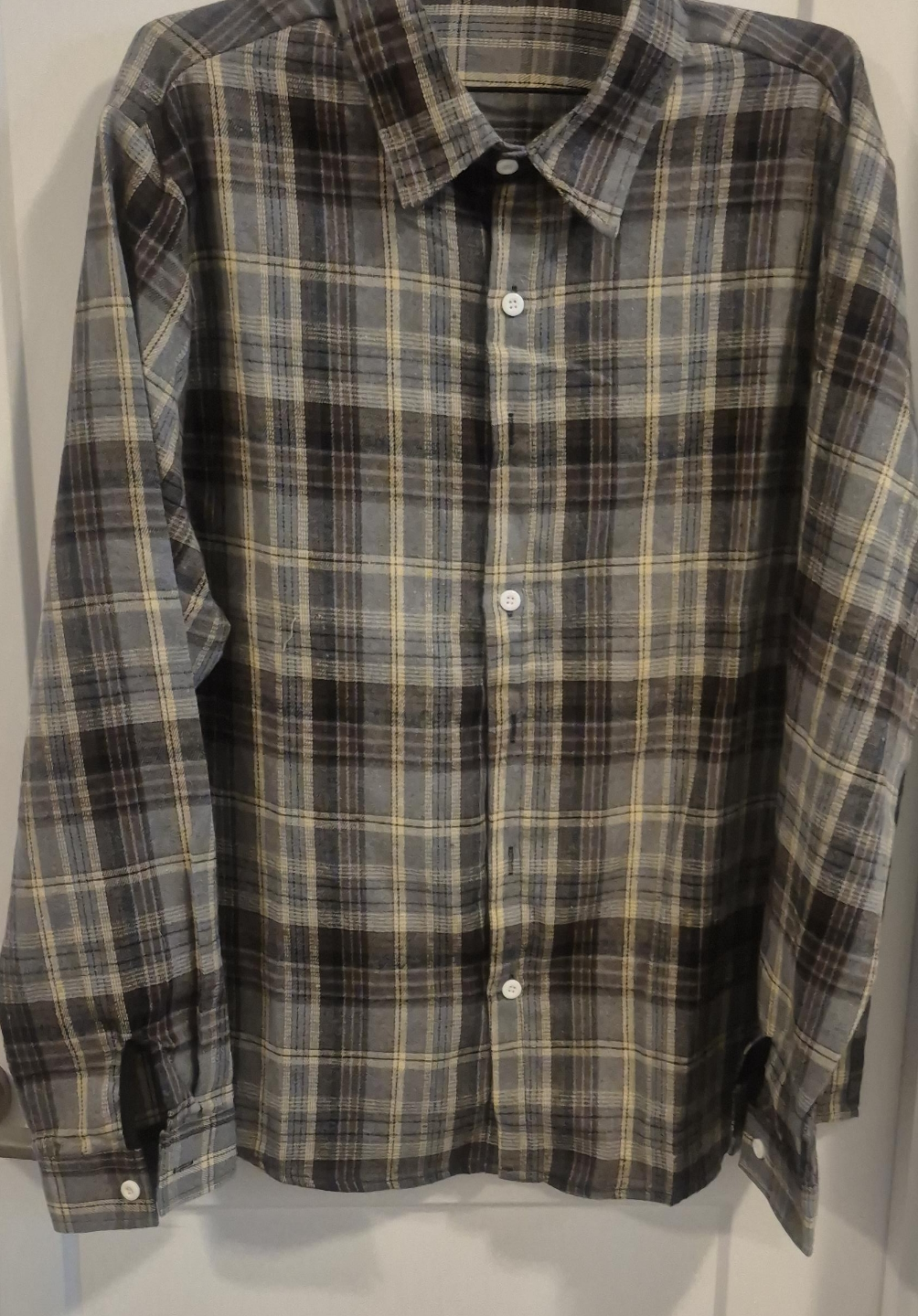 Men's Grey, Beige and Brown Plaid Long Sleeve Button-Down Shirt thumbnail