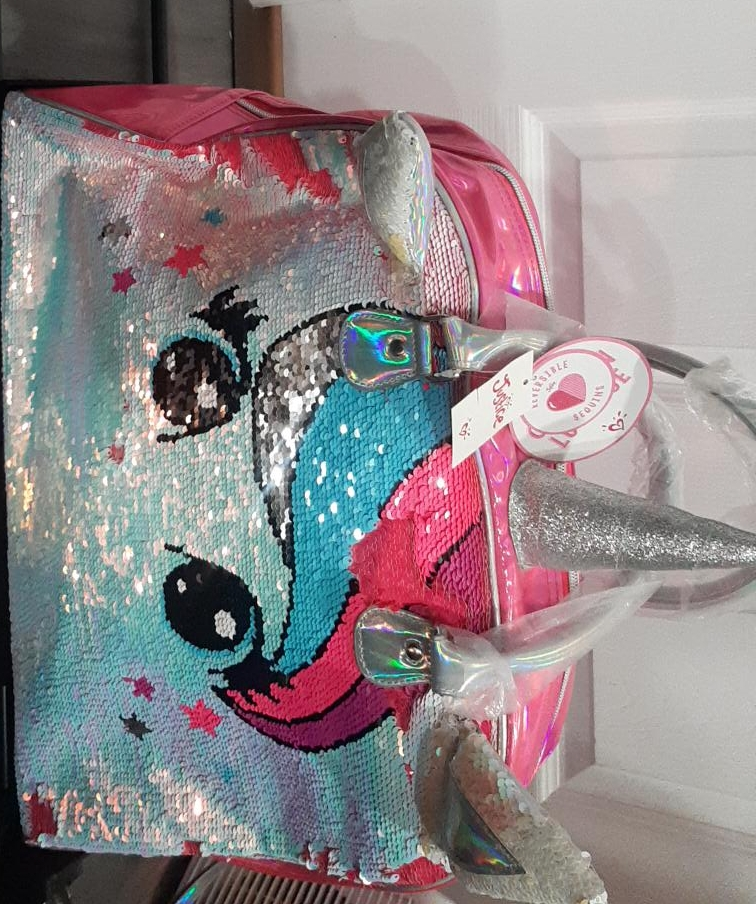 Reversible Sequin Unicorn rolling luggage bag, light up wheels thumbnail
