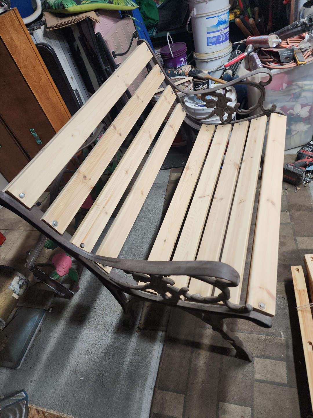 Vintage Metal Garden Bench restored with Wooden Slats thumbnail
