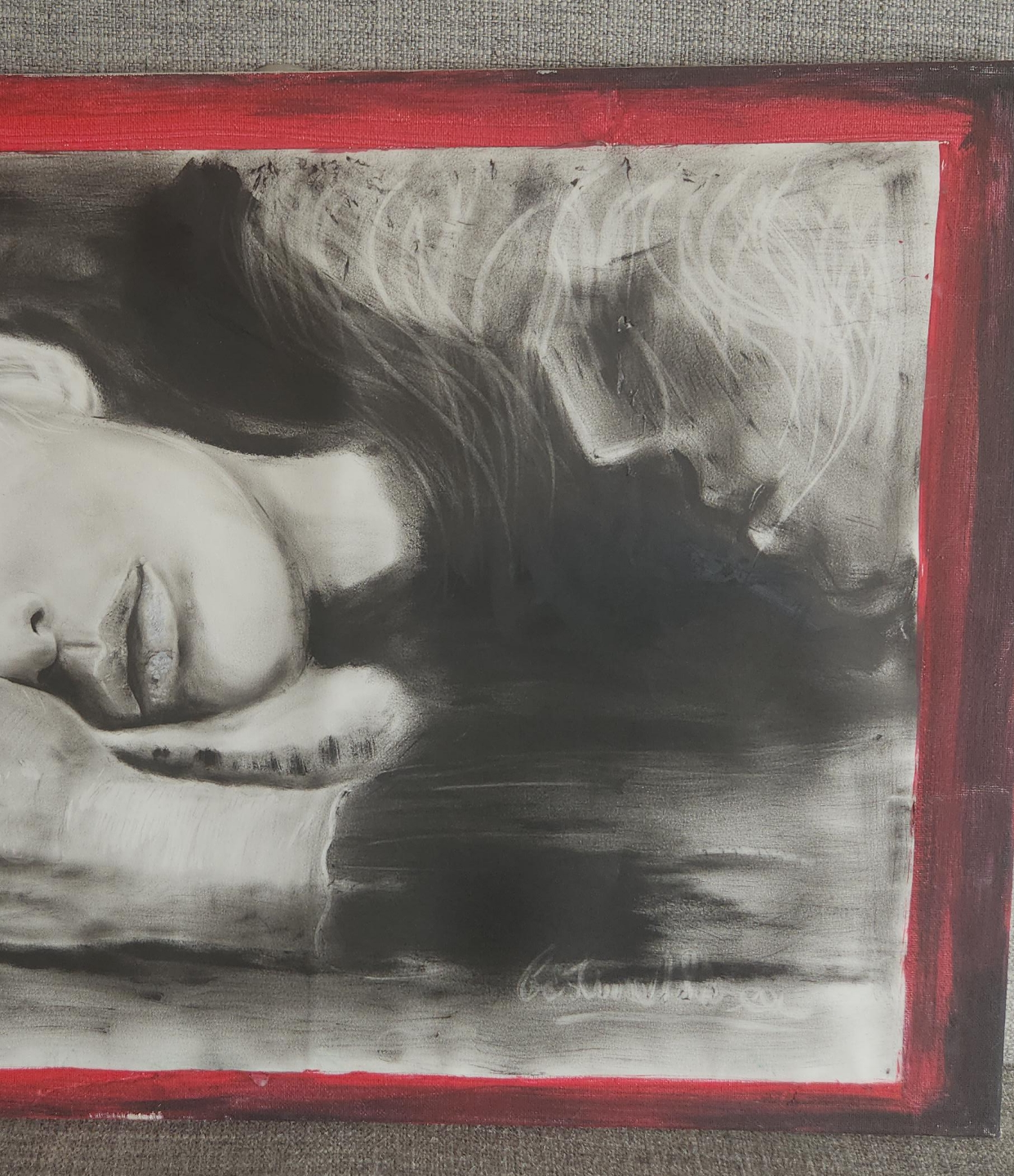 Original charcoal drawing, red frame