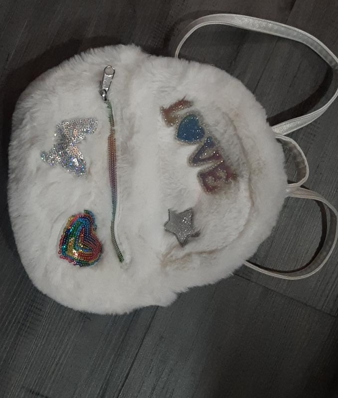 White Fuzzy Mini Backpack with Rainbow Patches thumbnail