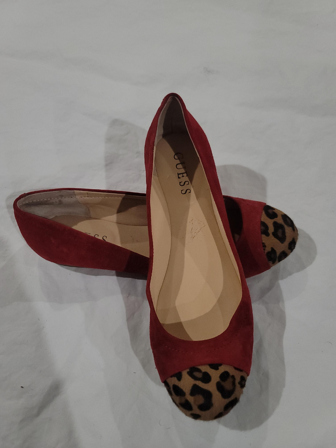 Guess Red Suede Flats with Leopard Print Toe