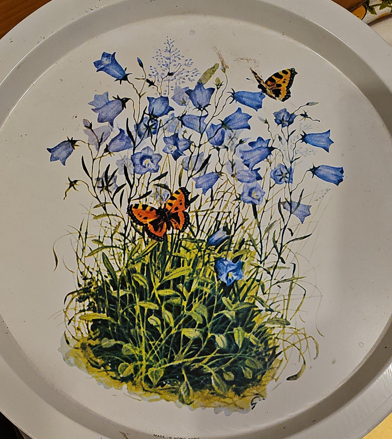 Vintage Metal Tray with Butterfly & Flower Design