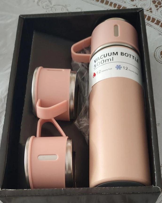 Pink Vacuum Bottle 500ml with Cups - New thumbnail