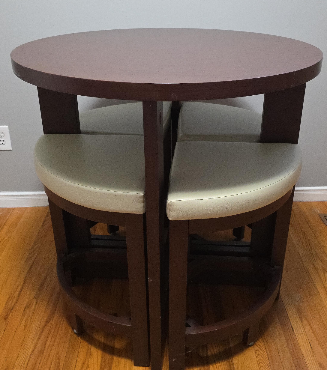 Apartment Sized Round Dark Wood Dining Table with 4 Stools thumbnail