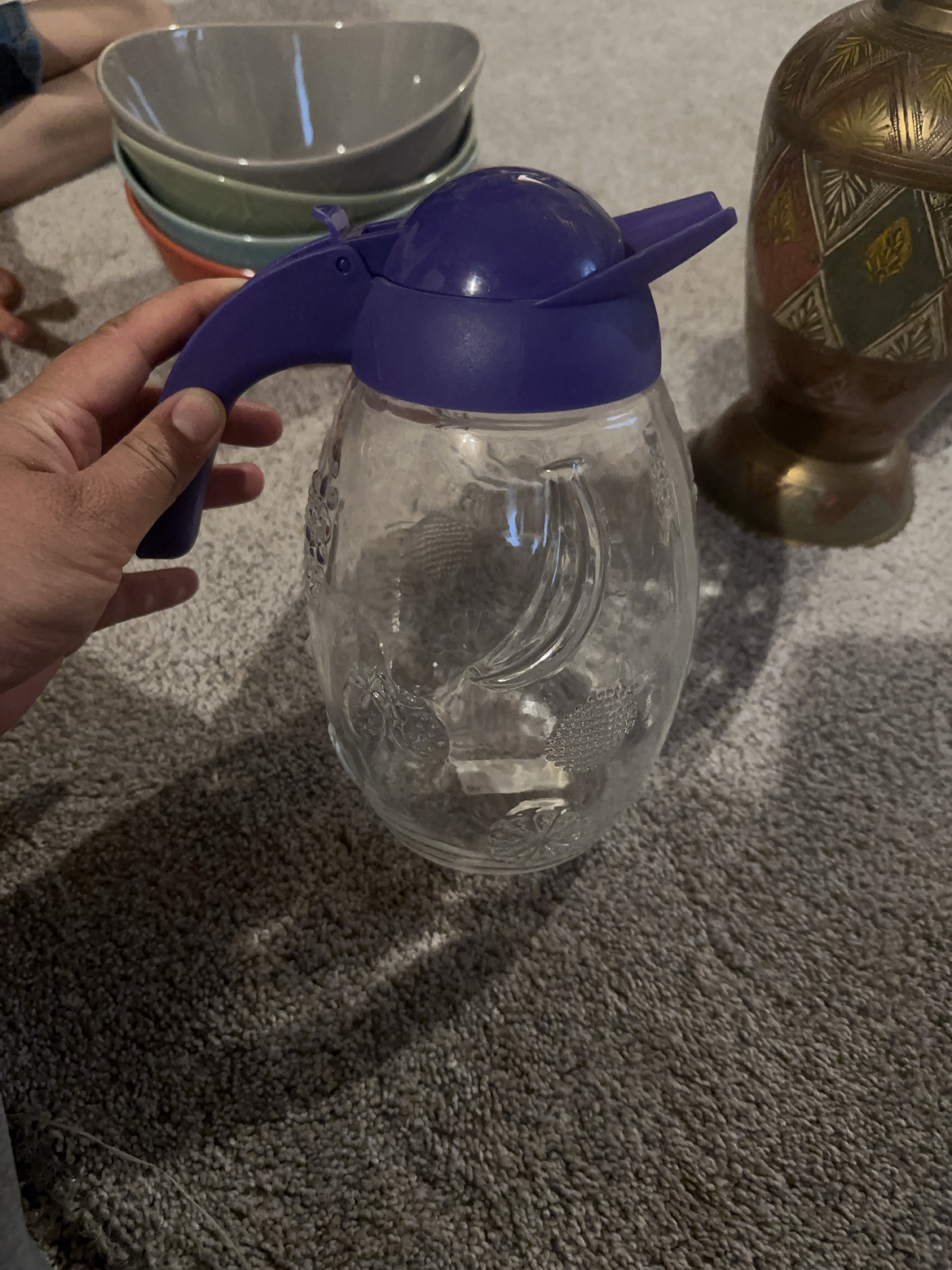 Glass Syrup Dispenser with Purple Lid