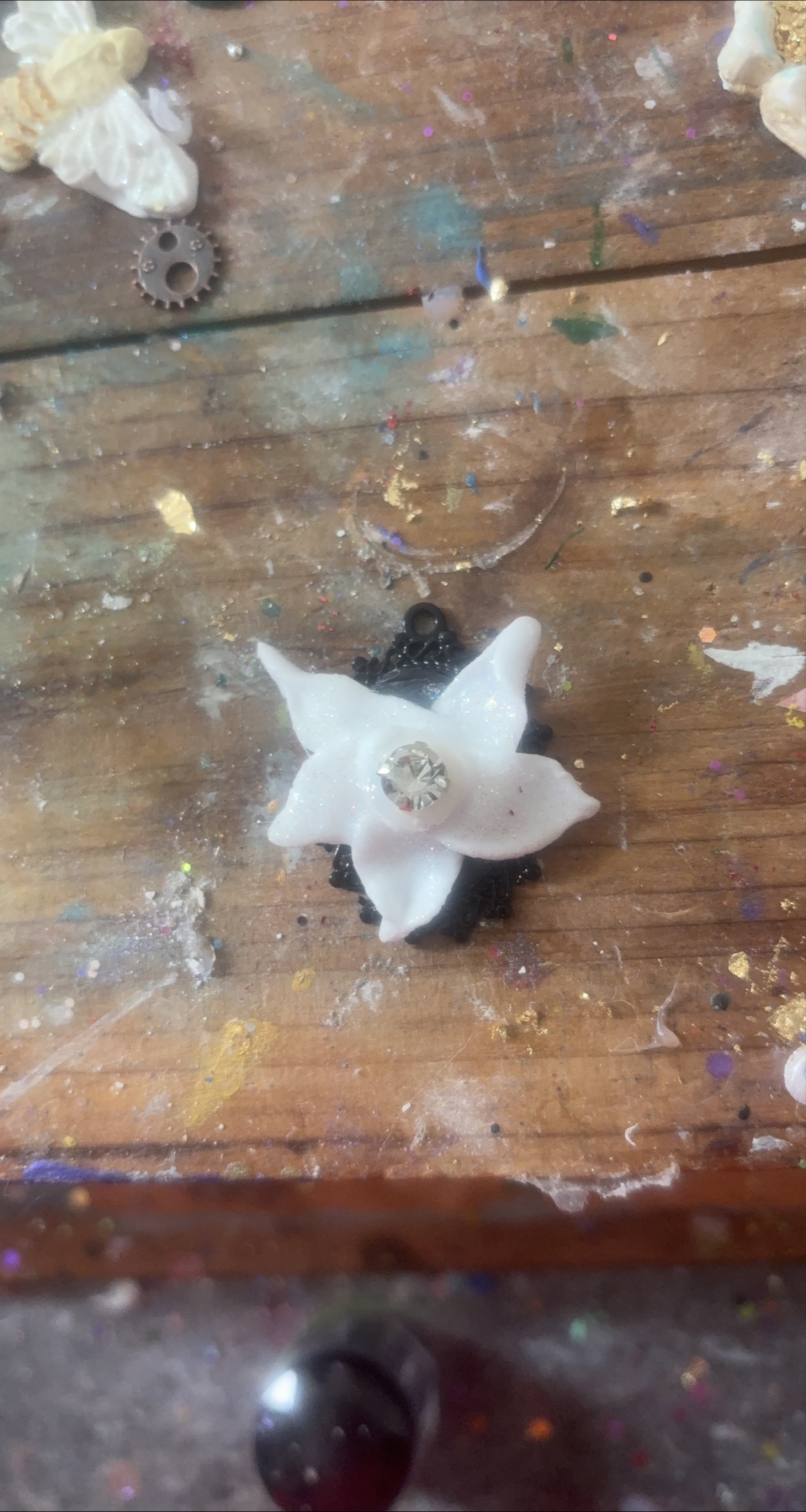 Handmade flower charm, clay and crystal thumbnail