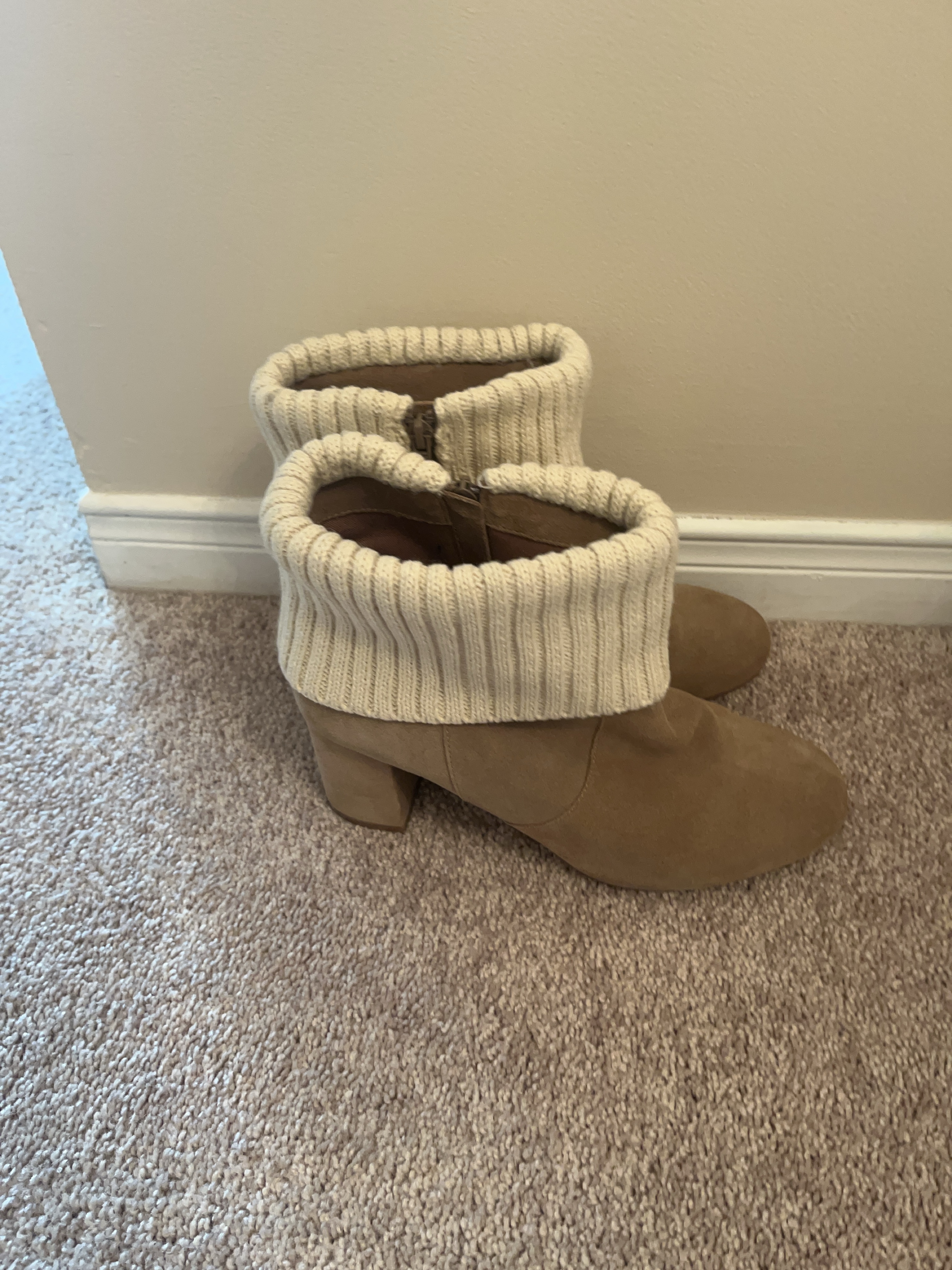 Tan Suede Ankle Boots with Knit Cuffs
