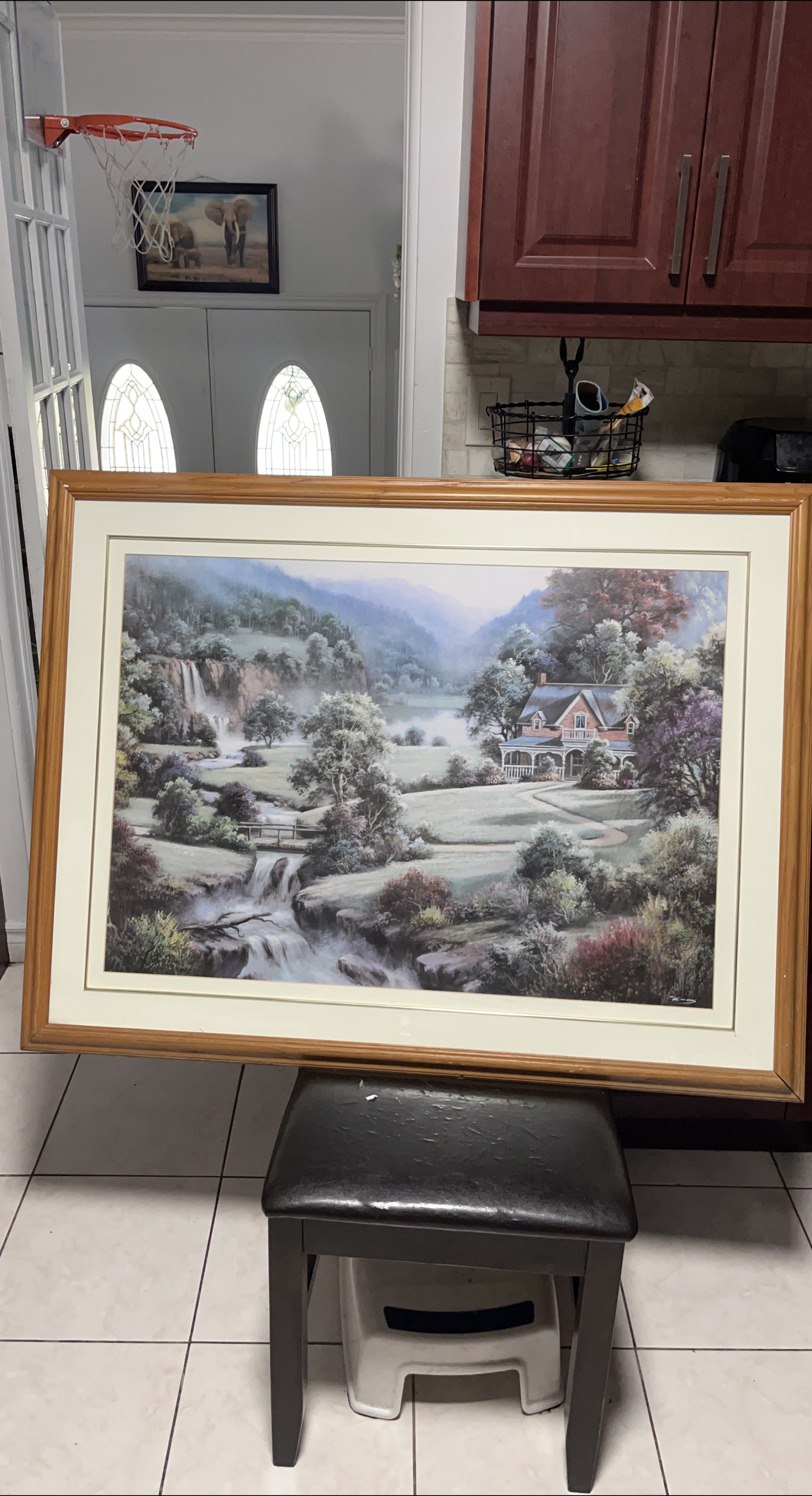 Framed Landscape Painting with Waterfall and House
