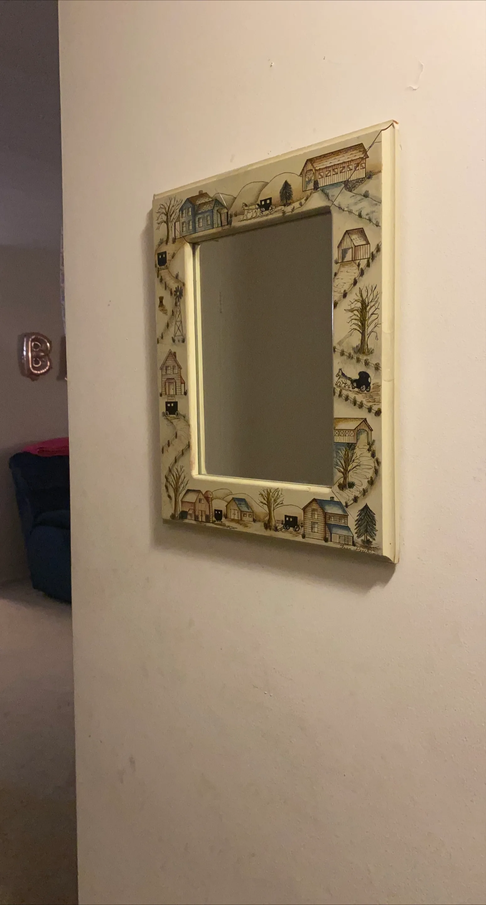 Living Room Decoration Framed mirror with painted village scene