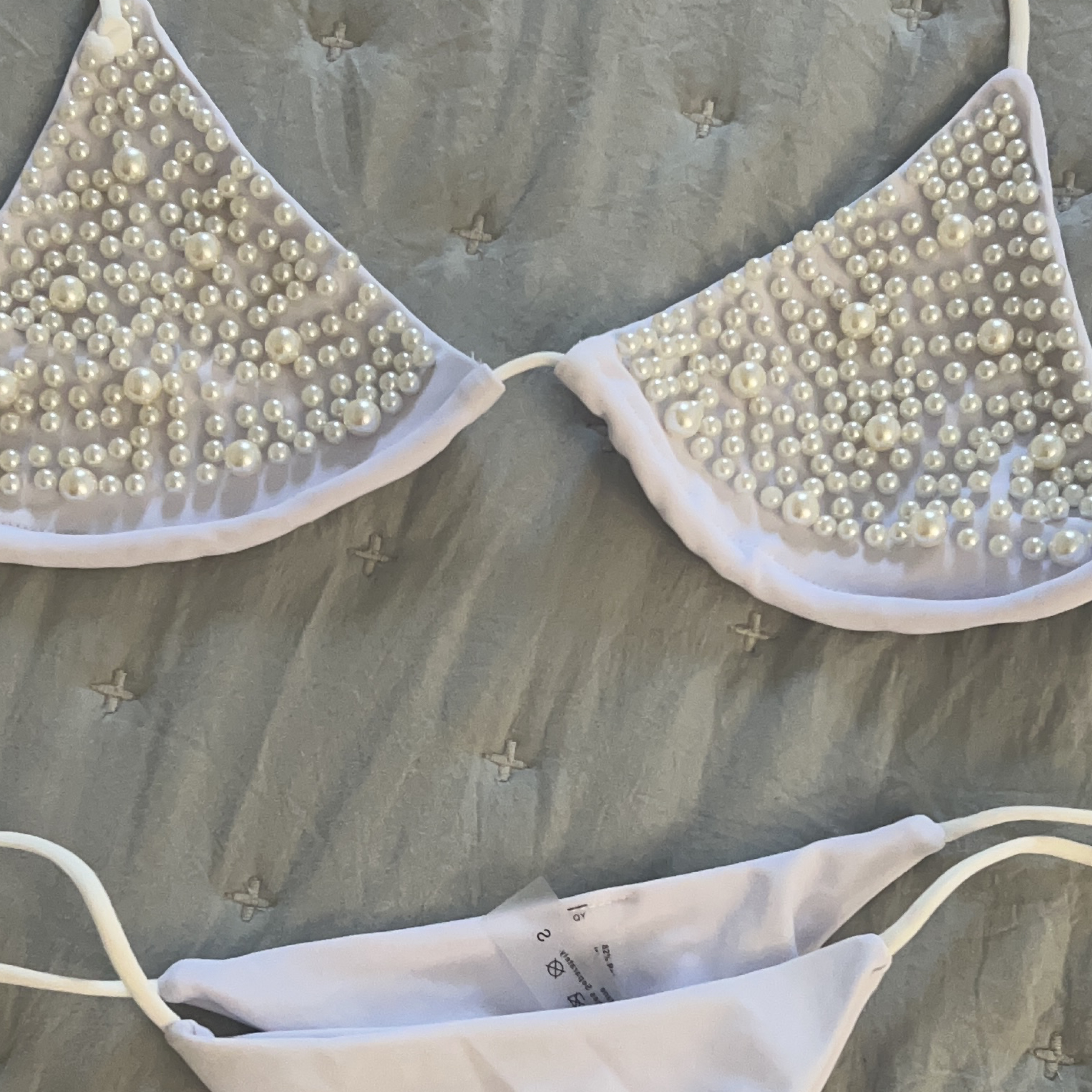 White Bikini Set with Pearl Embellishments thumbnail