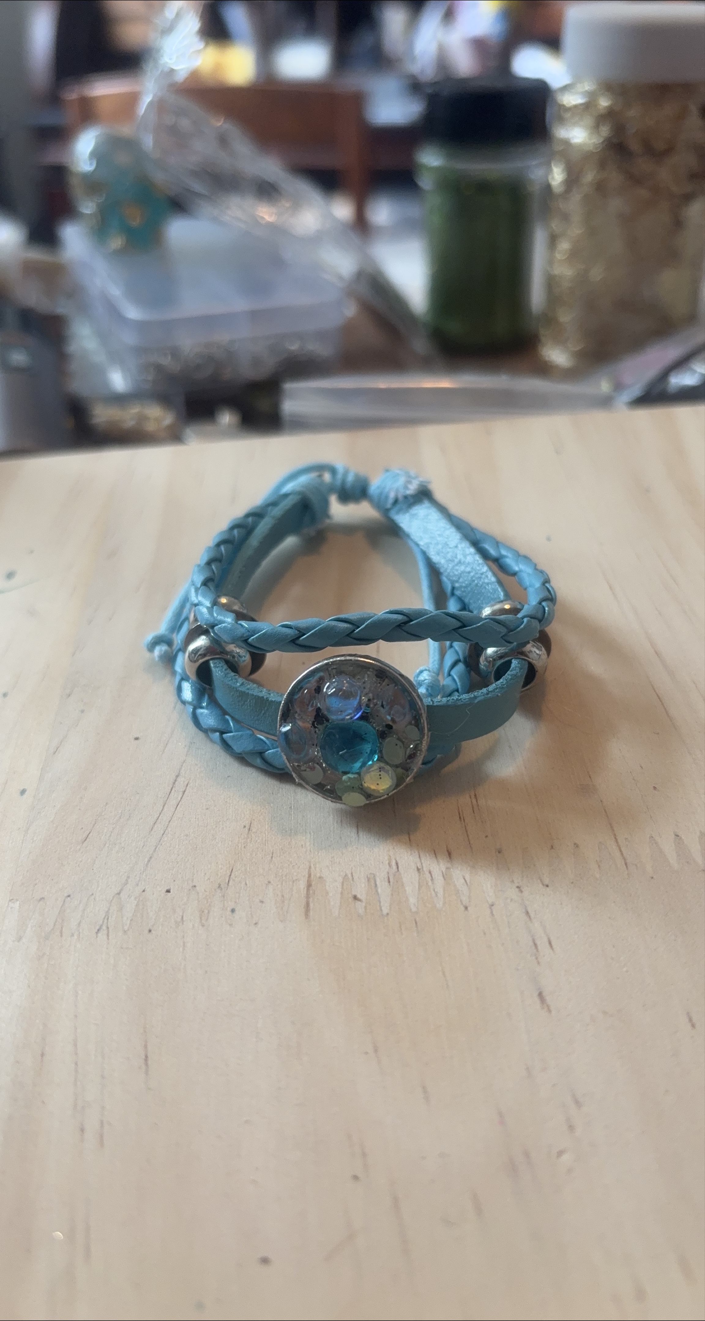 Blue Braided Bracelet. Blue & clear glass and resin setting thumbnail