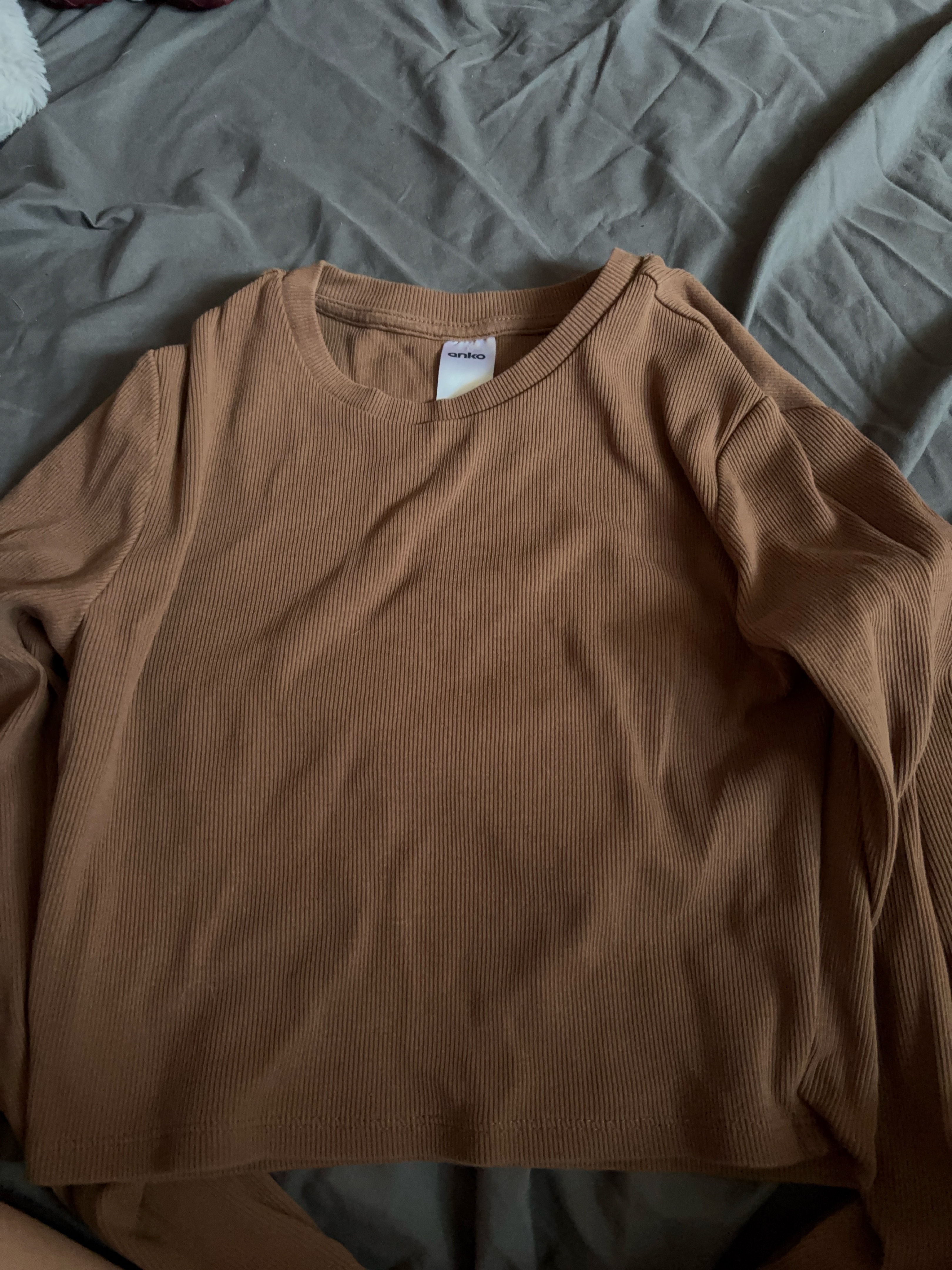 Brown Ribbed Long Sleeve Top thumbnail