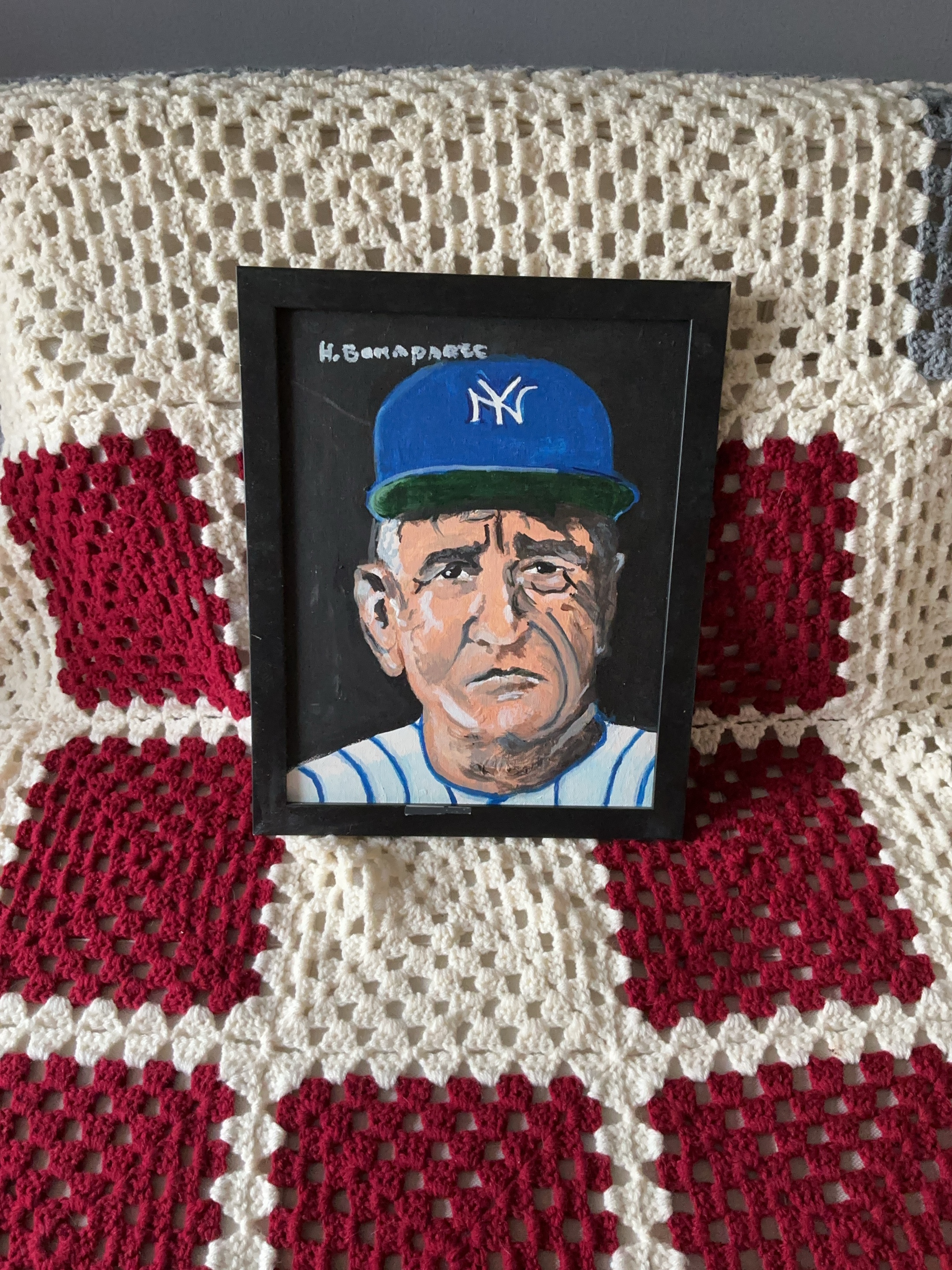 Framed portrait of Yogi Berra, painted in acrylic paint thumbnail