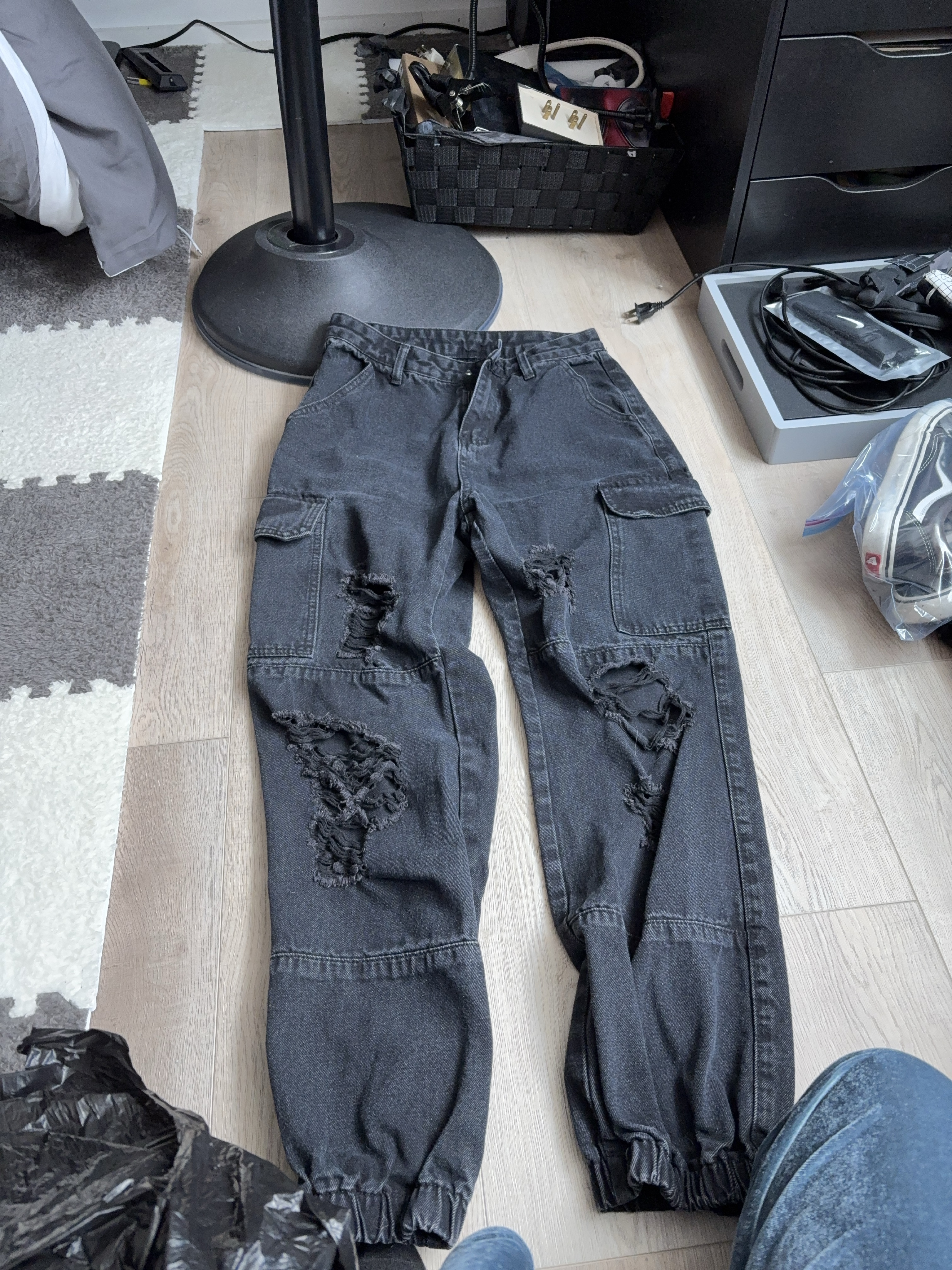 Black Distressed Denim Cargo Pants thumbnail
