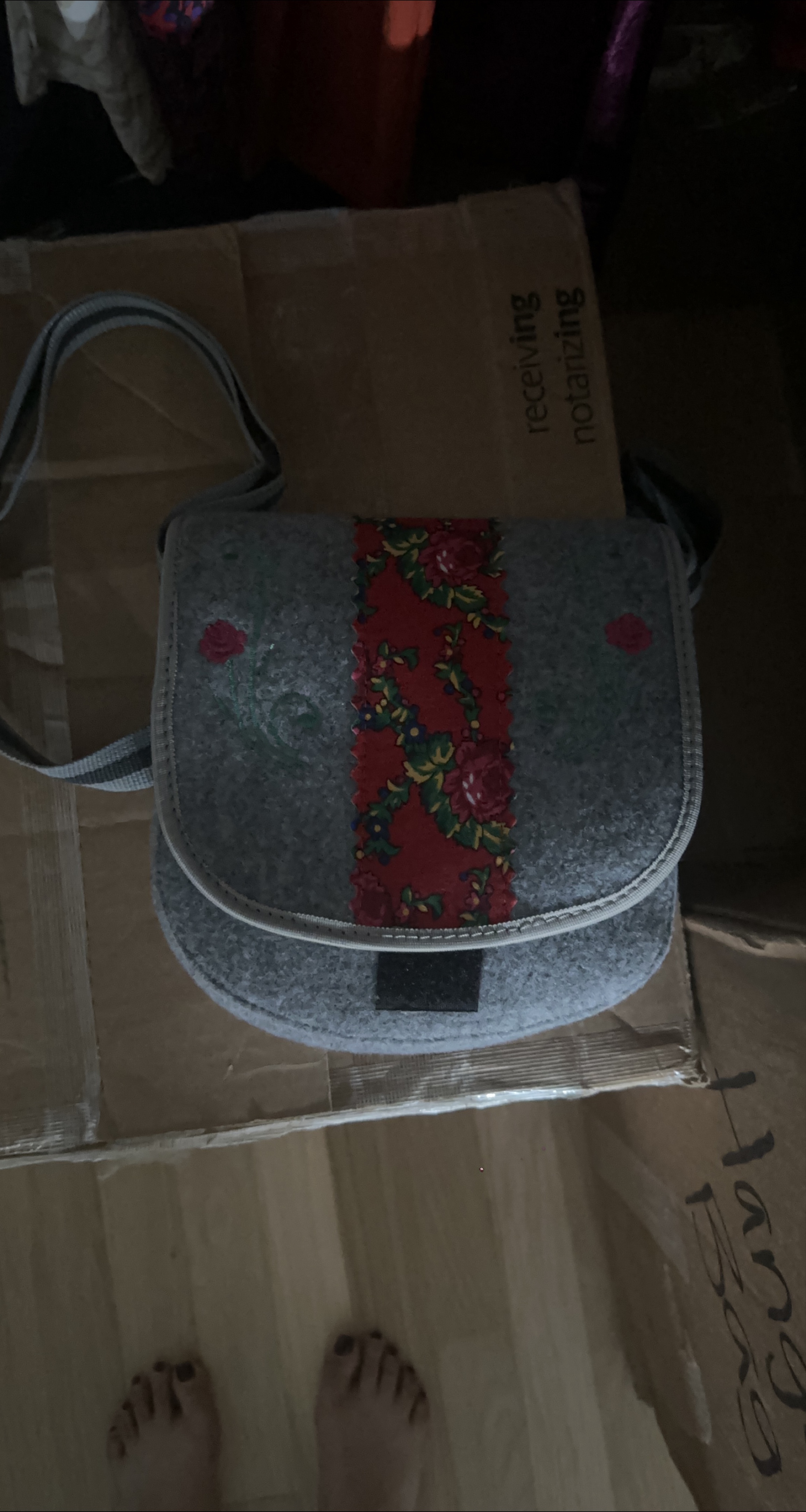Gray Felt Messenger Bag with Floral Pattern