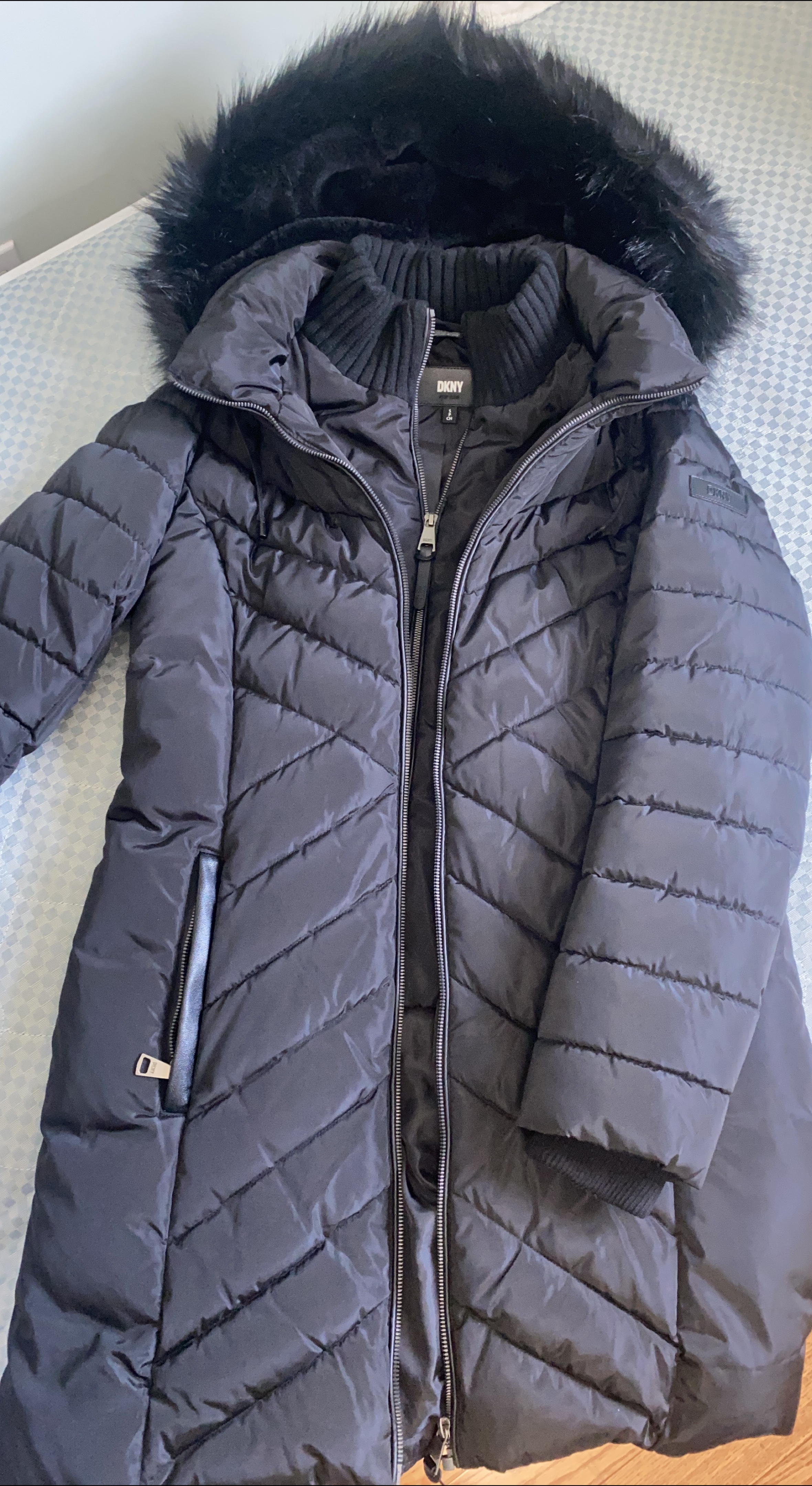 DKNY Black Winter Coat with Fur Hood thumbnail