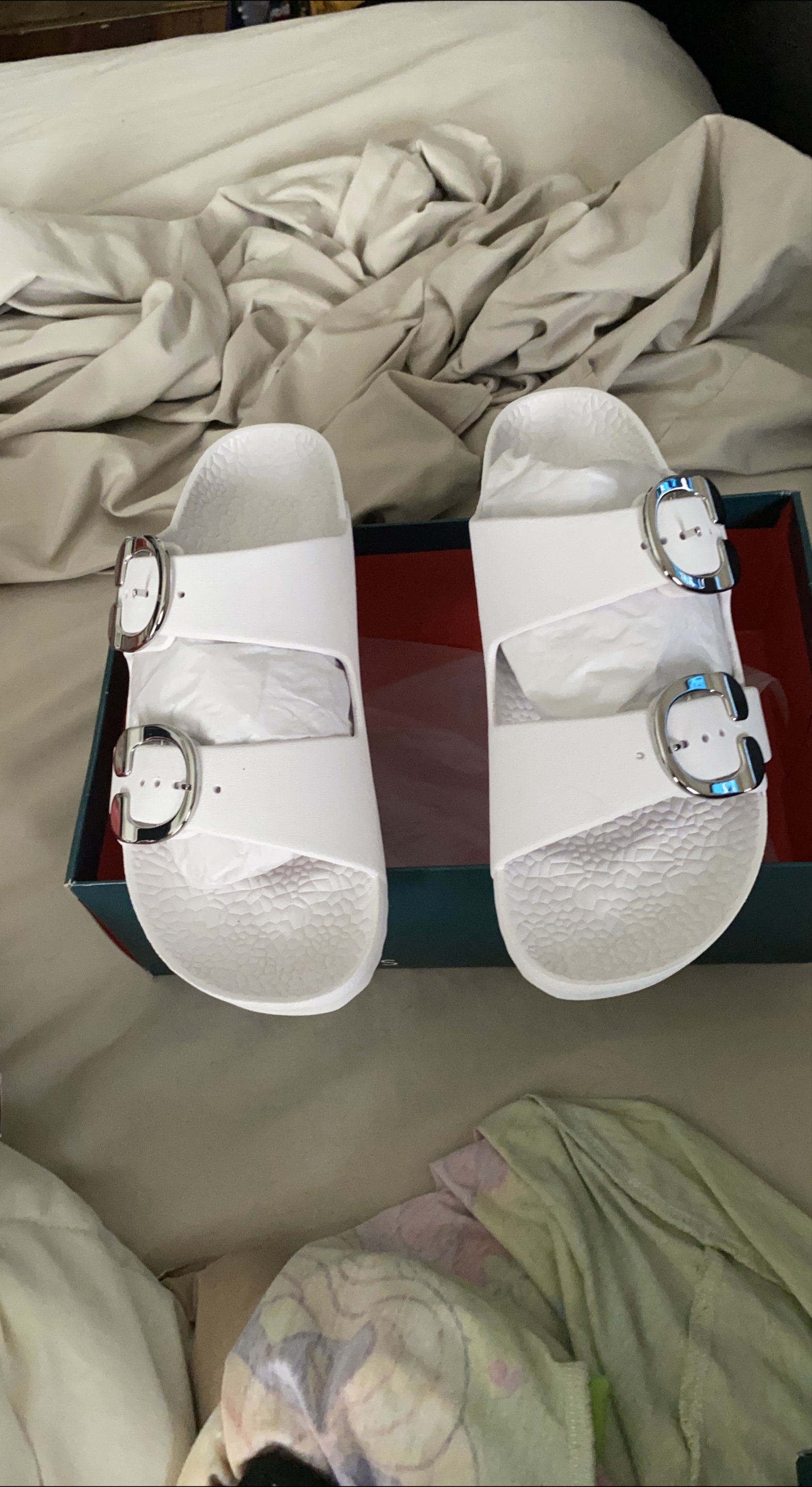 White Slide Sandals with Silver Buckles thumbnail