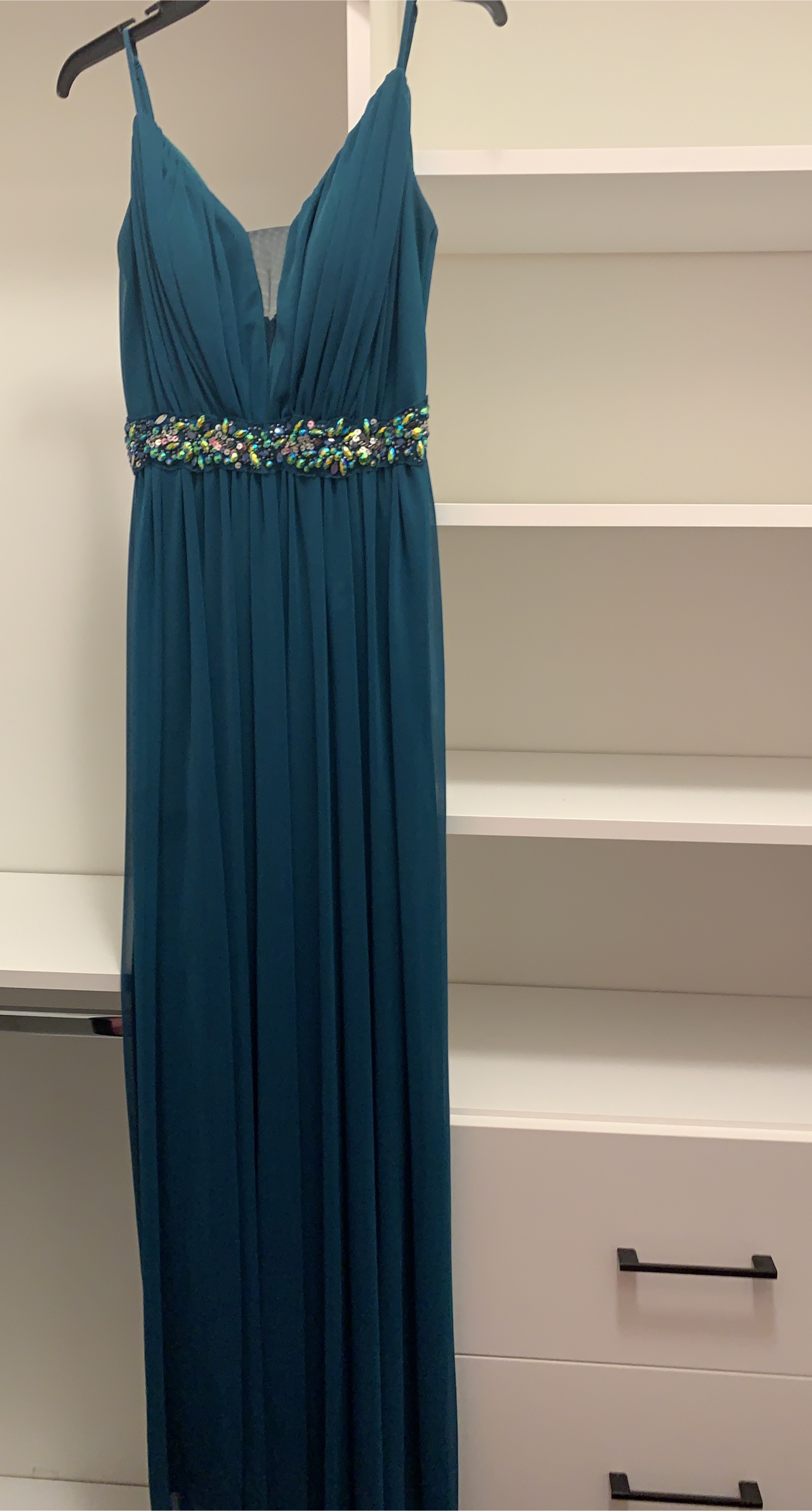 Elegant Teal Prom Dress with embellished jewels thumbnail