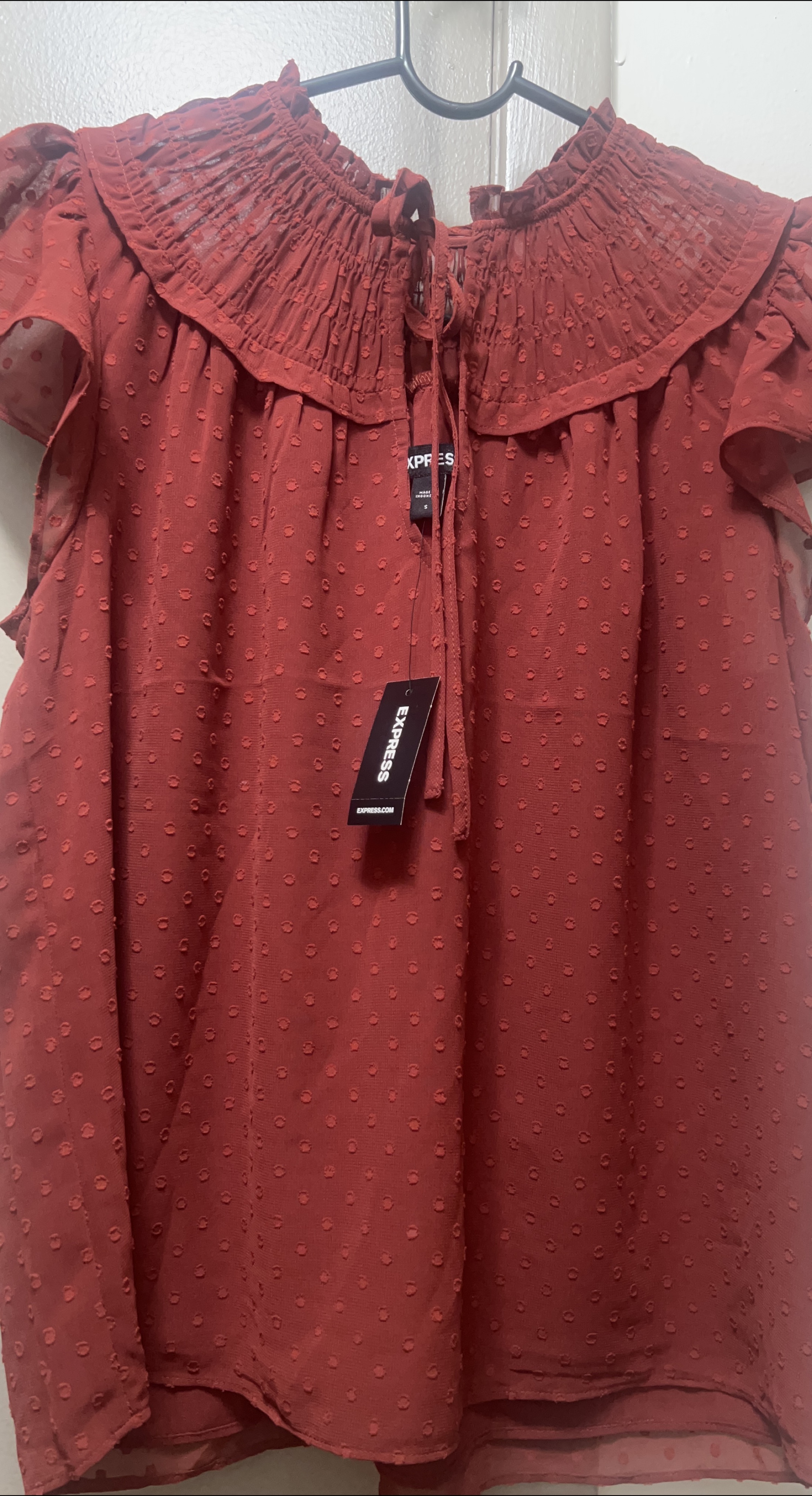 Express Women's Red Swiss Dot Off-the-Shoulder Smocked top