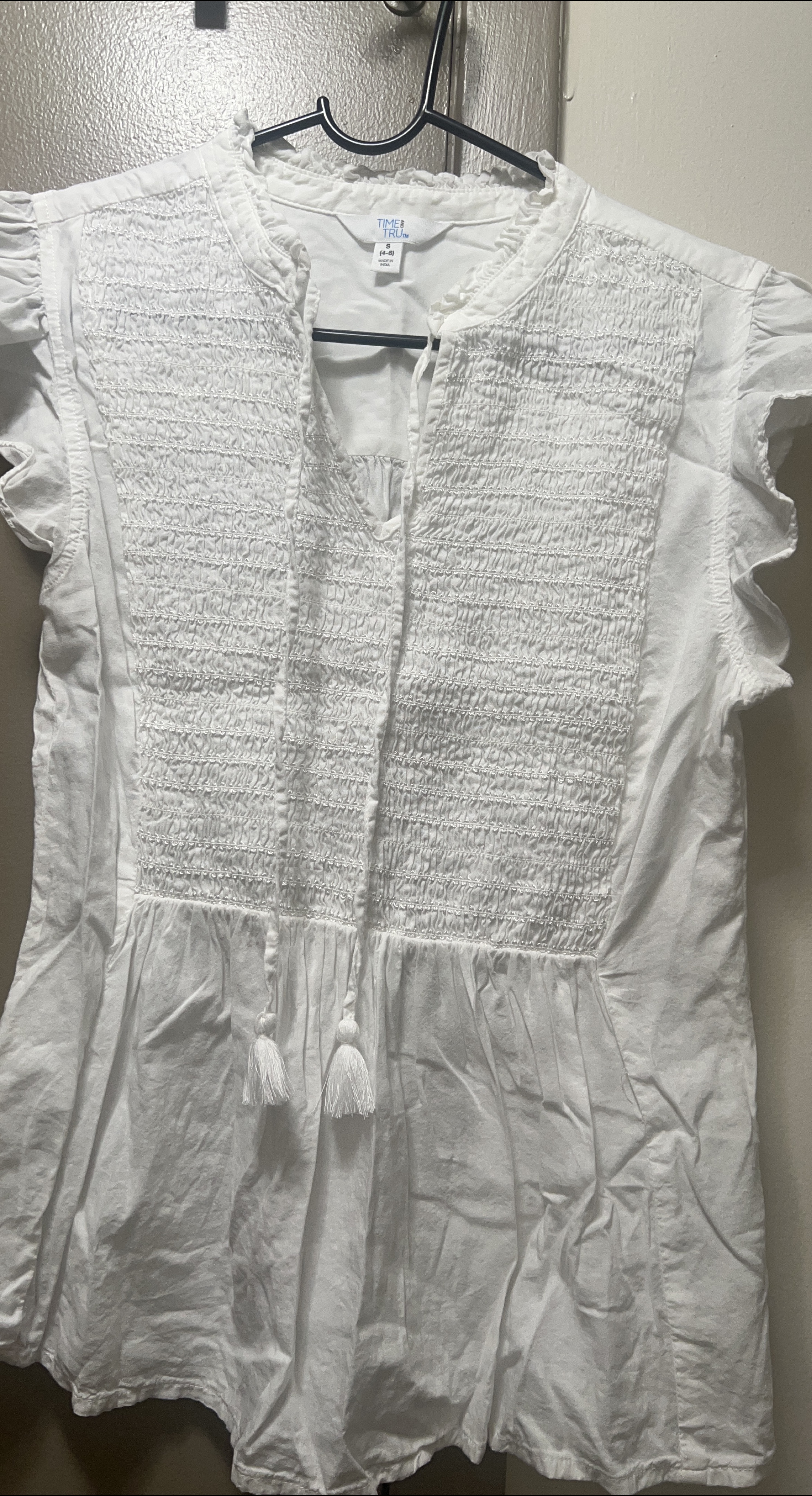 Time and Tru White Smocked Flutter Sleeve Blouse Size S