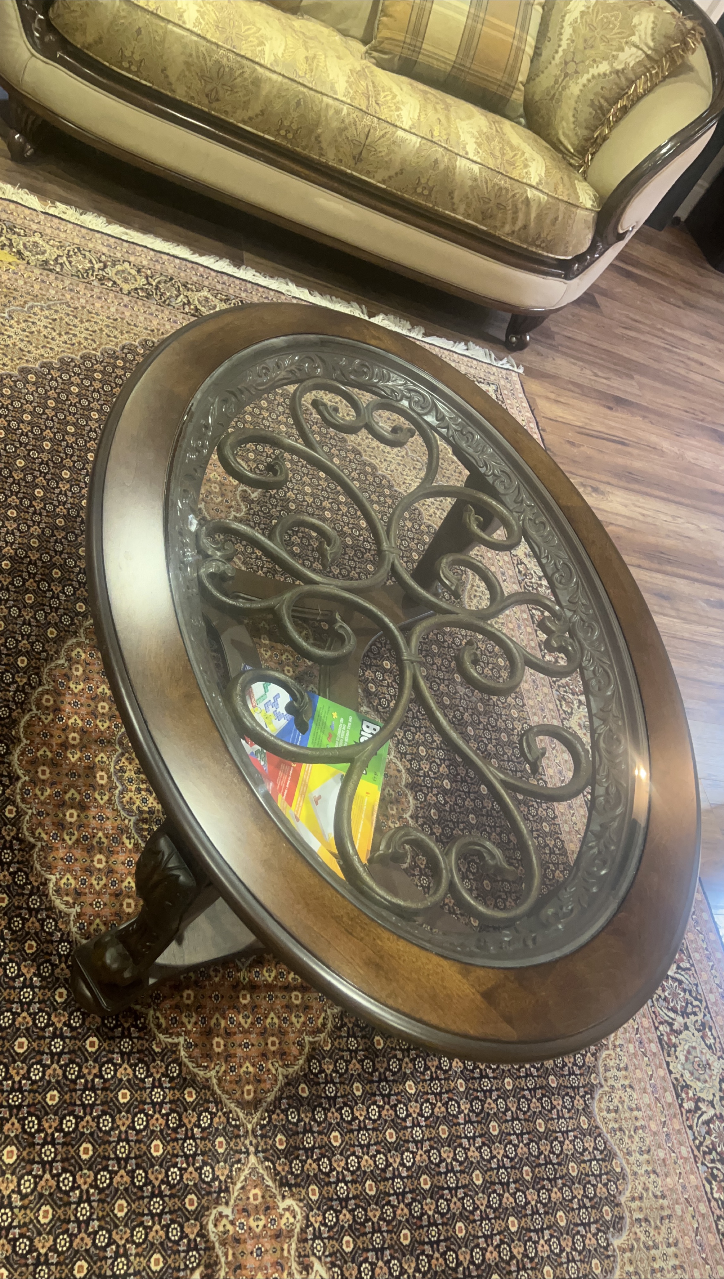 Ornate Round Coffee Table with Glass Top