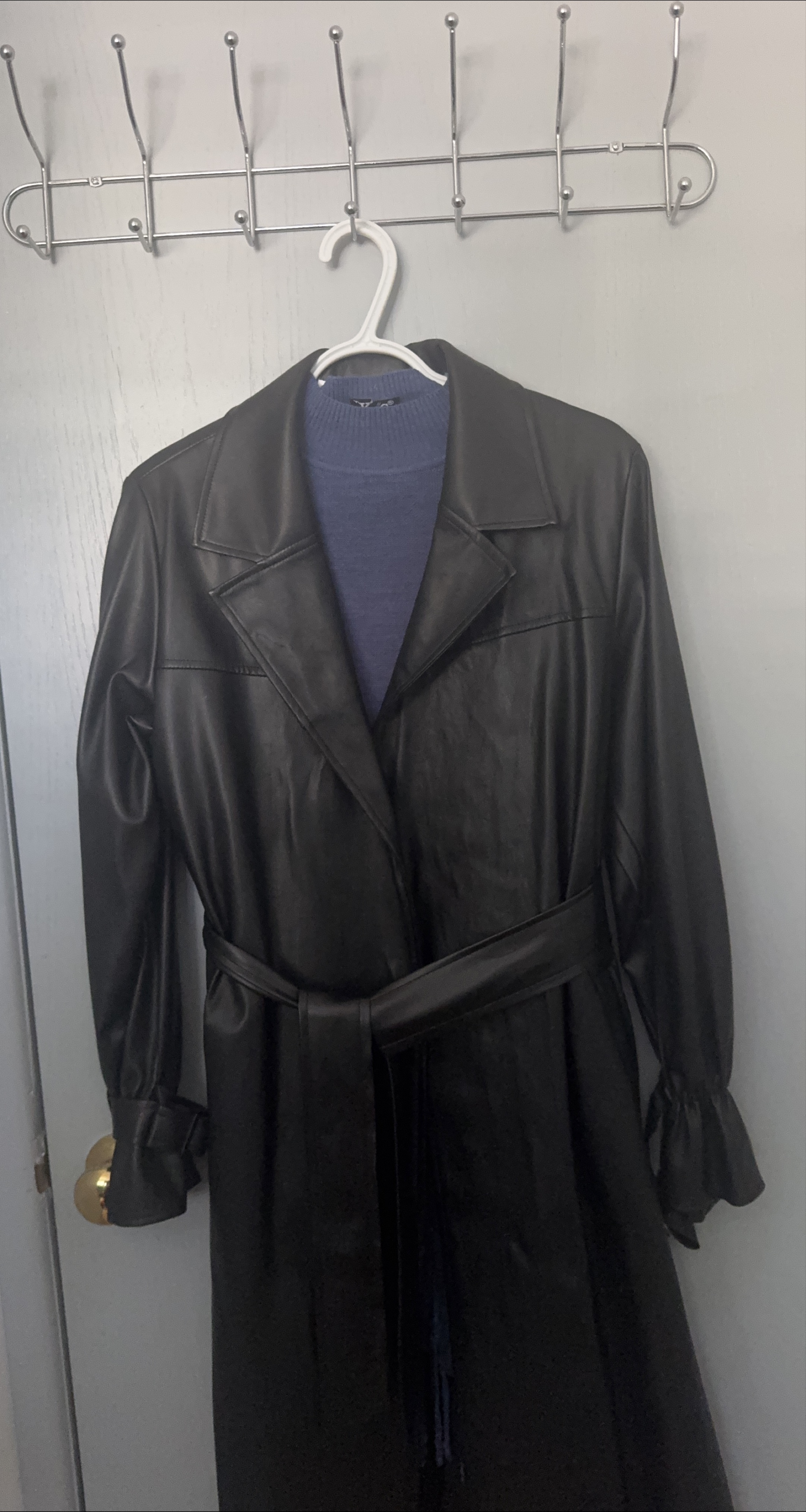 Black faux-leather trench coat thumbnail