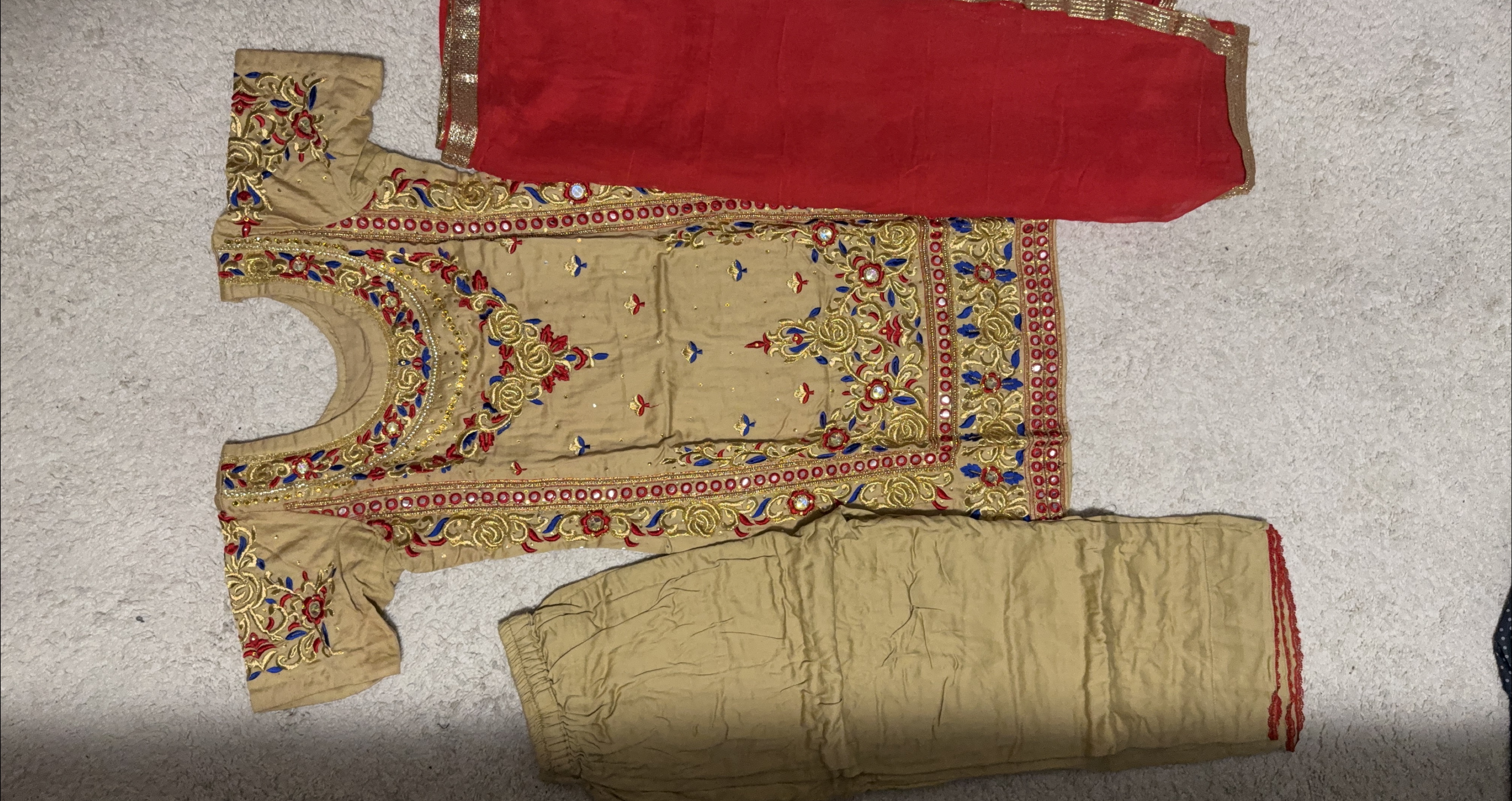 Gold and Red Embroidered Shalwar Kameez Set