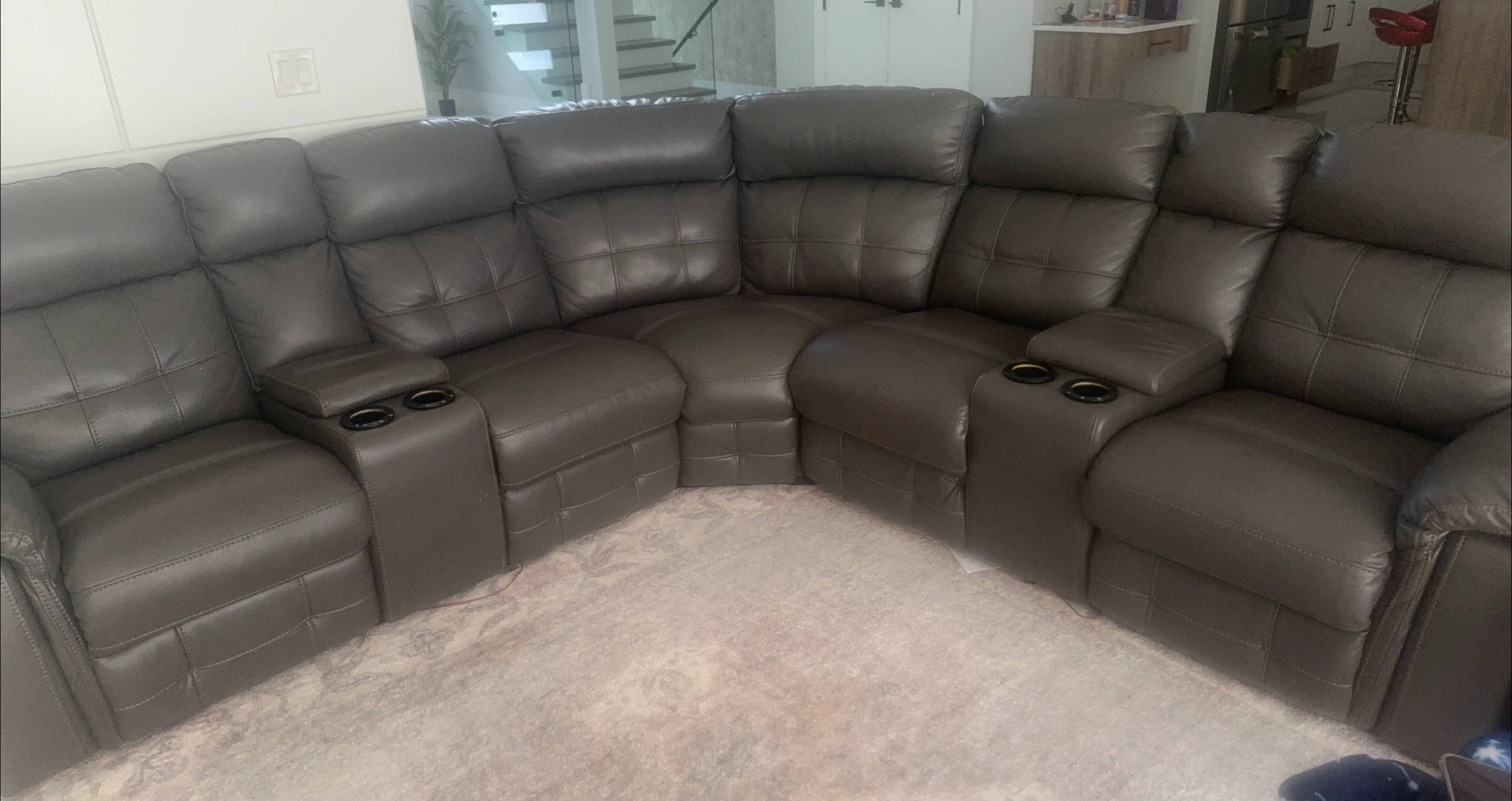 Grey Leather Sectional Sofa with Cupholders