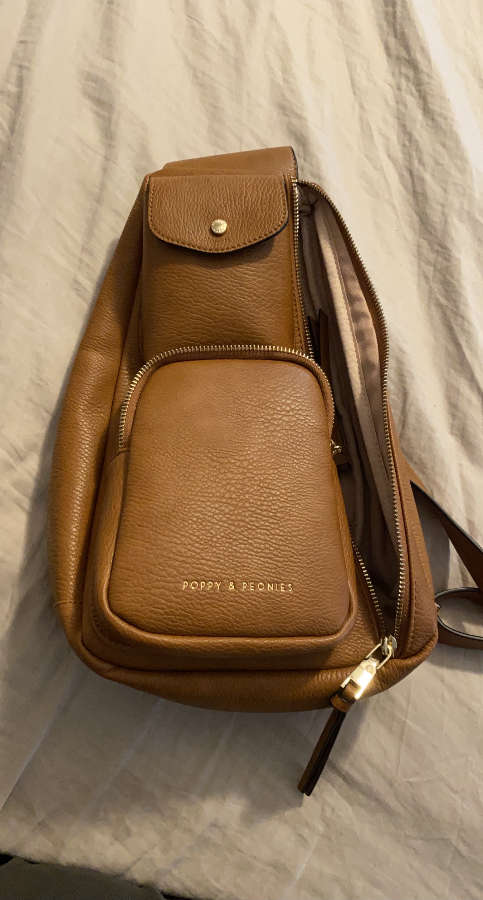 Poppy & Peonies Brown Leather Sling Bag