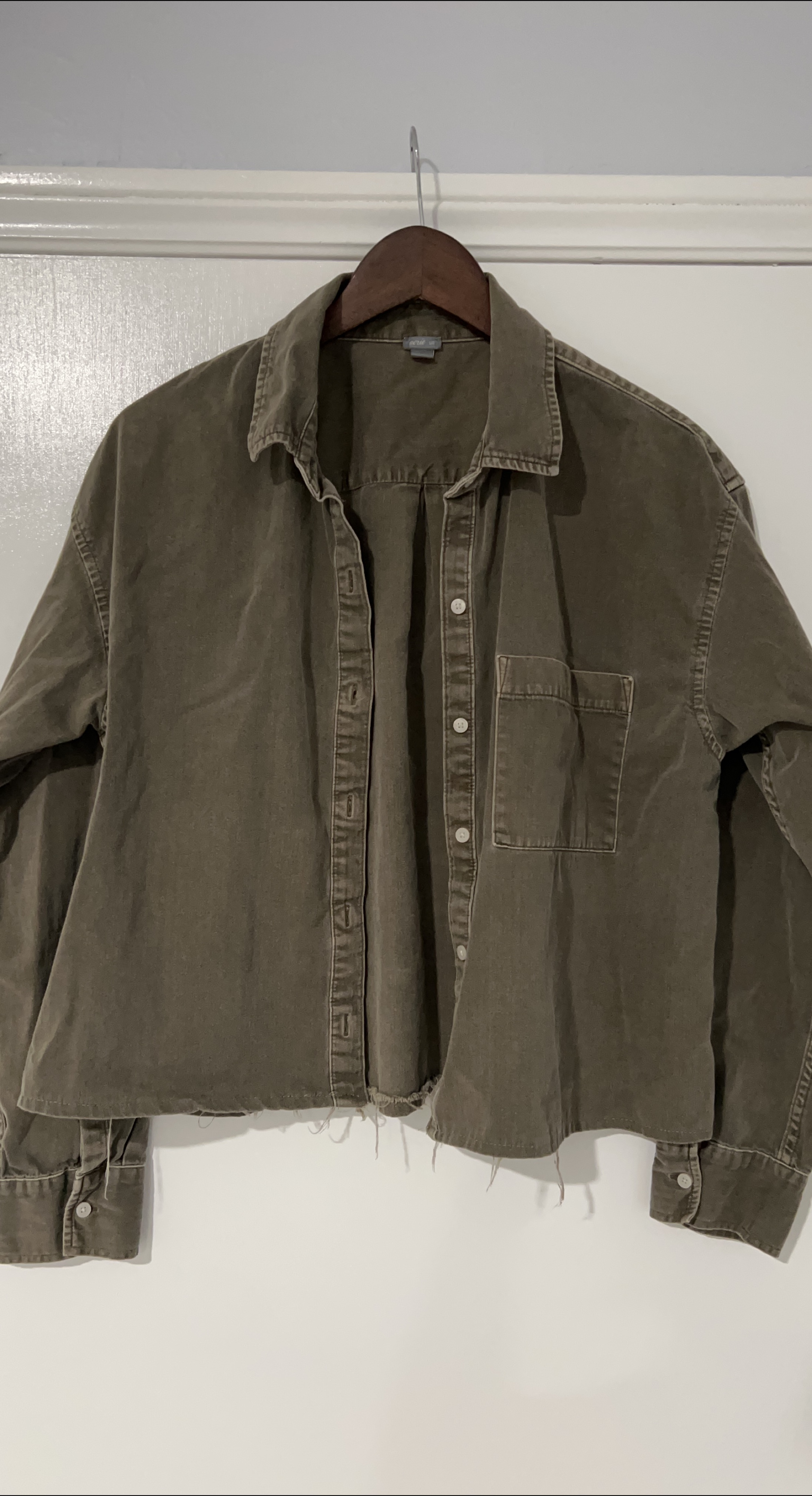 Aerie Olive Green Cropped Button-Up Shirt thumbnail