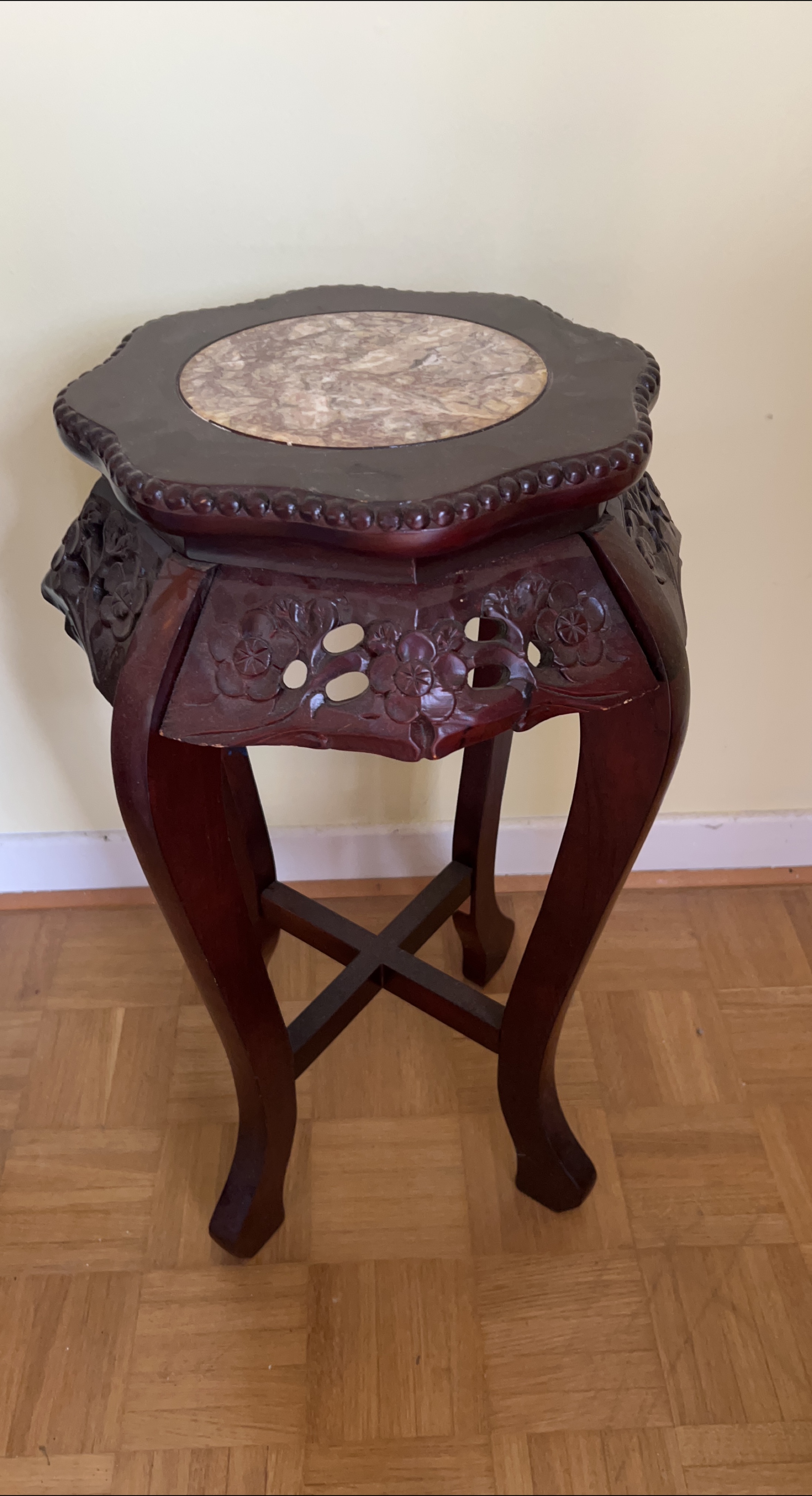 Vintage Wooden Plant Stand with Marble Top thumbnail