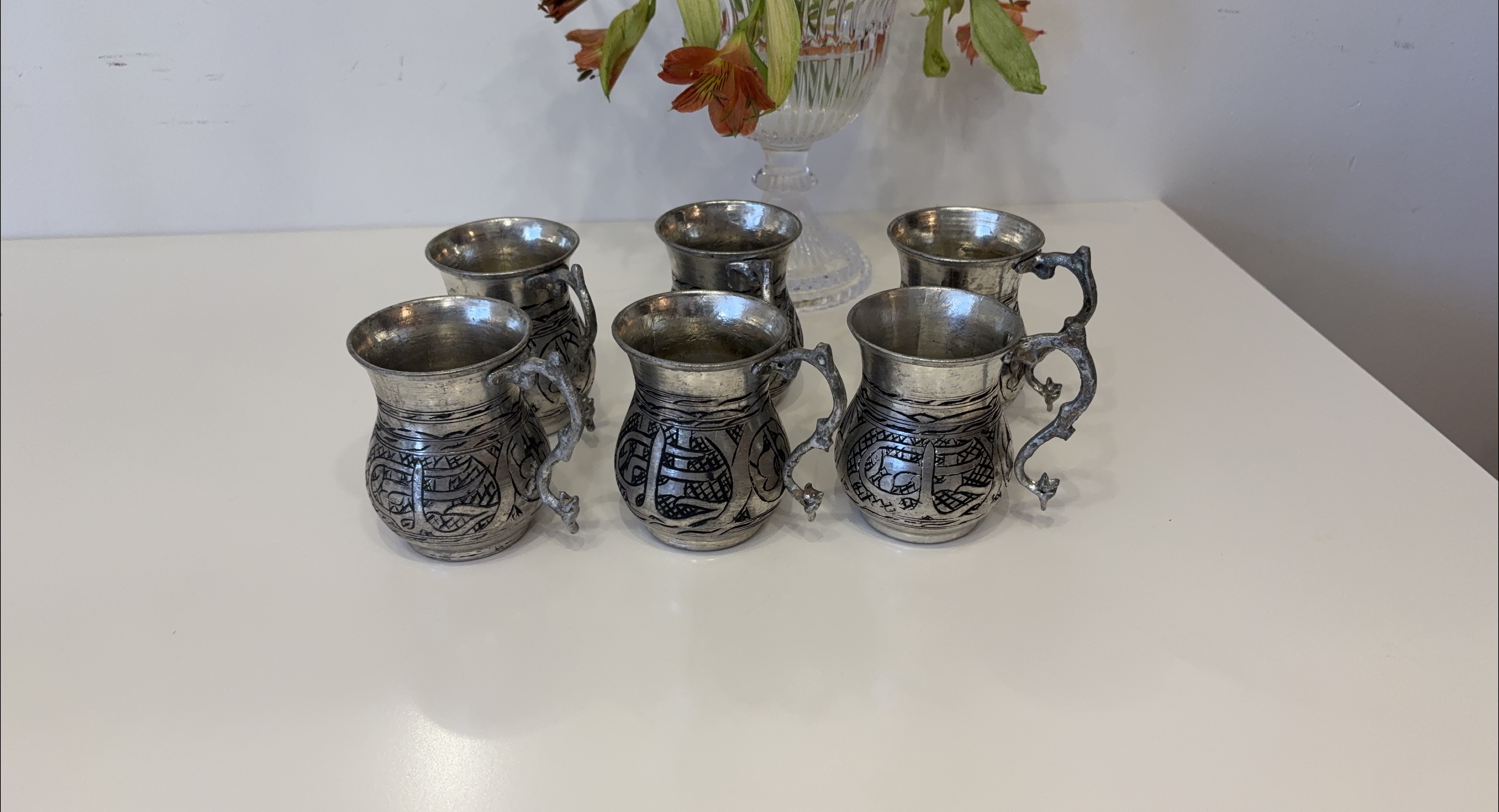Set of 6 Turkish Copper Handmade Masrapa Tankard Stoup Mugs thumbnail