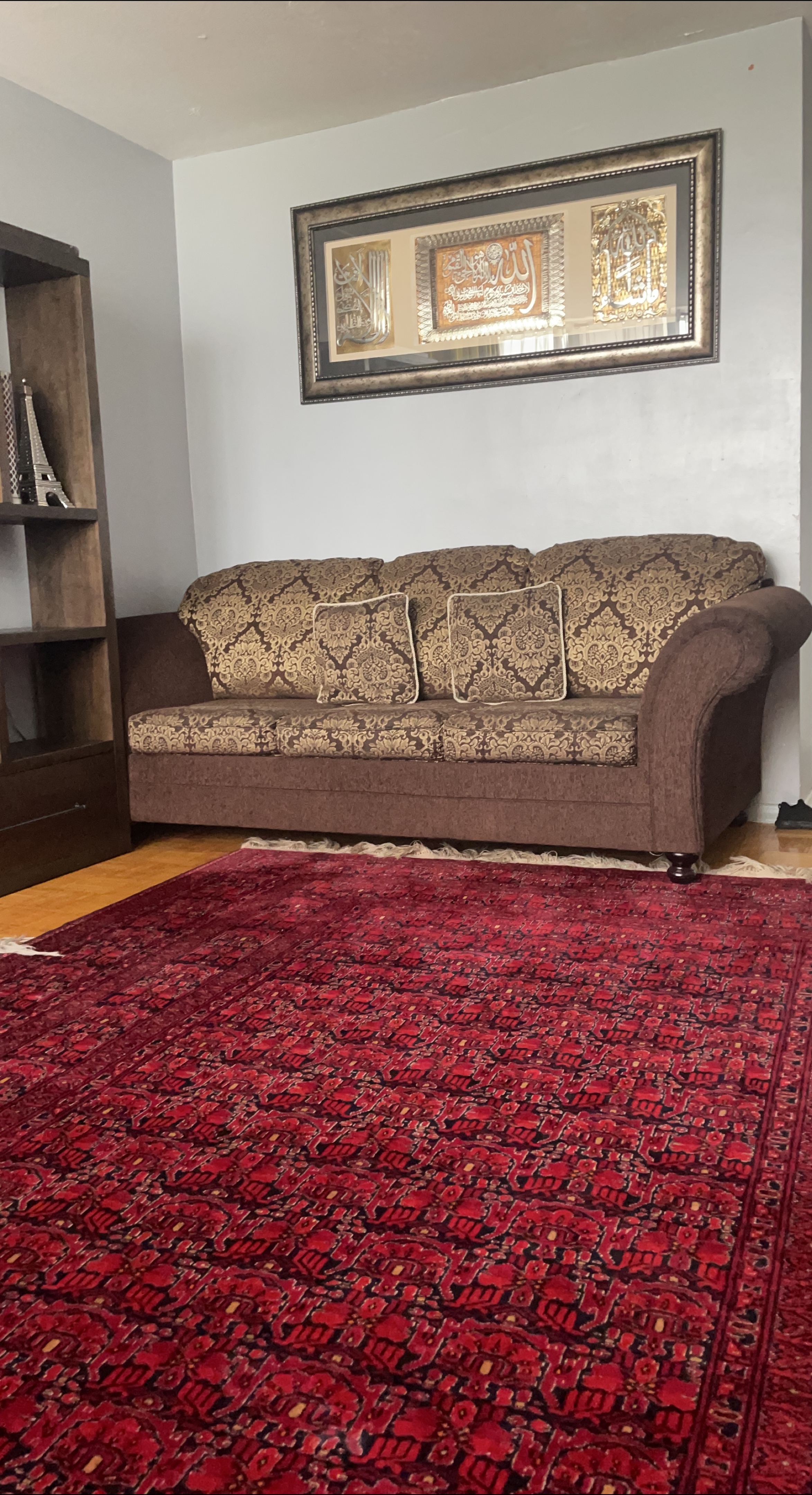 Brown Patterned Sofa with Throw Pillows 3 pec thumbnail