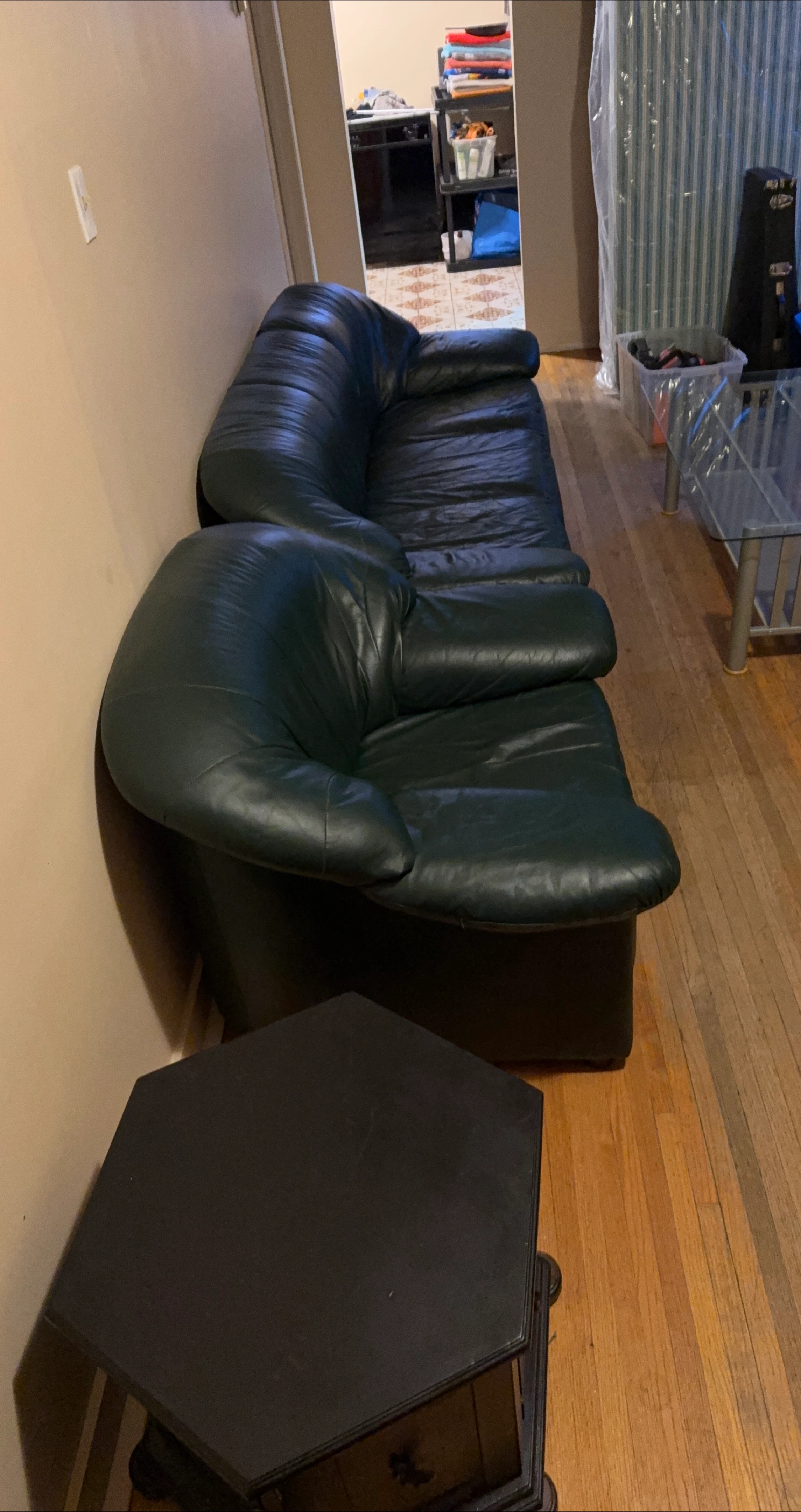 Dark Green Leather Sofa & Side Tables