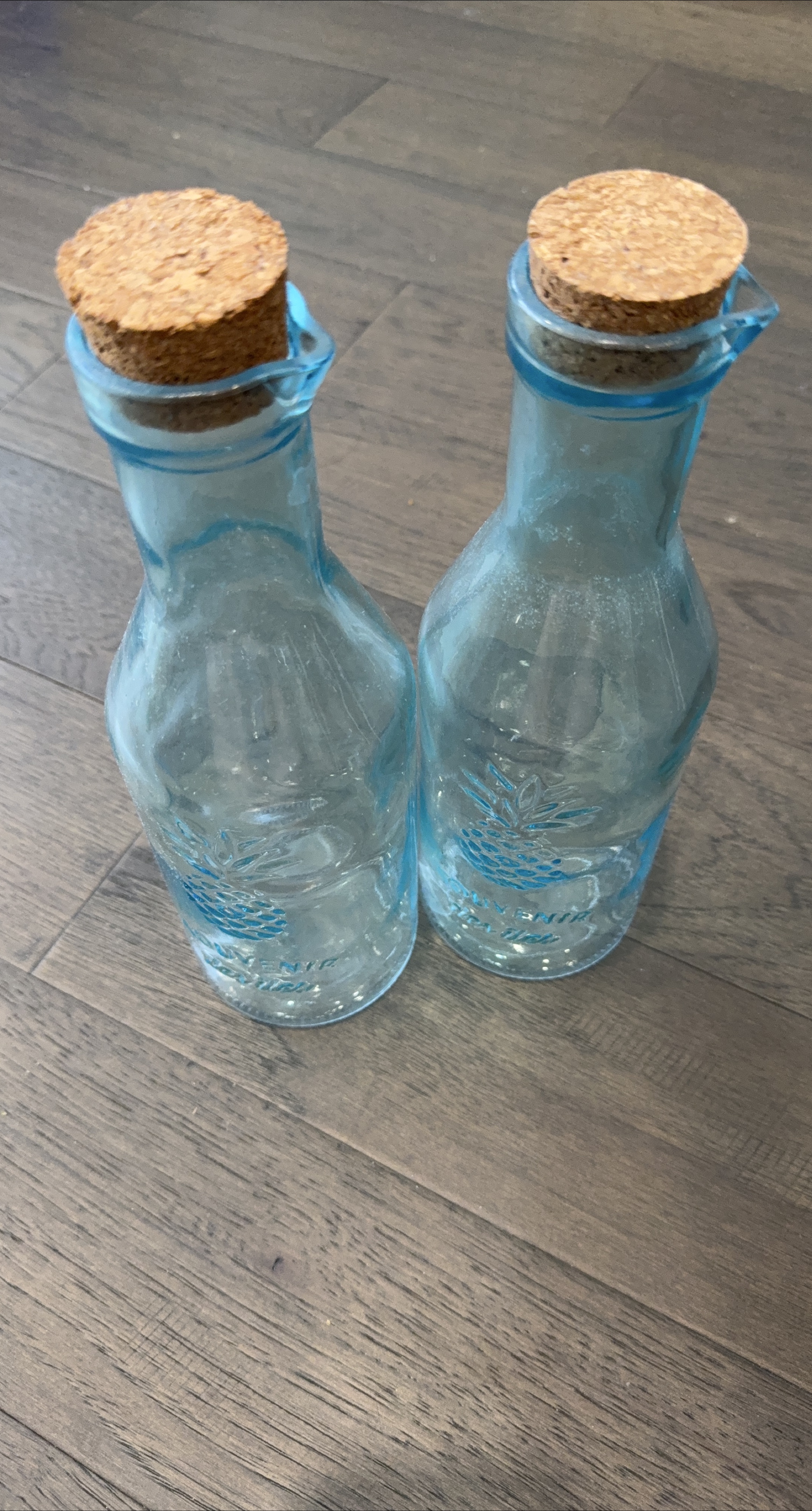 2 Blue Glass Bottles with Cork Stoppers thumbnail