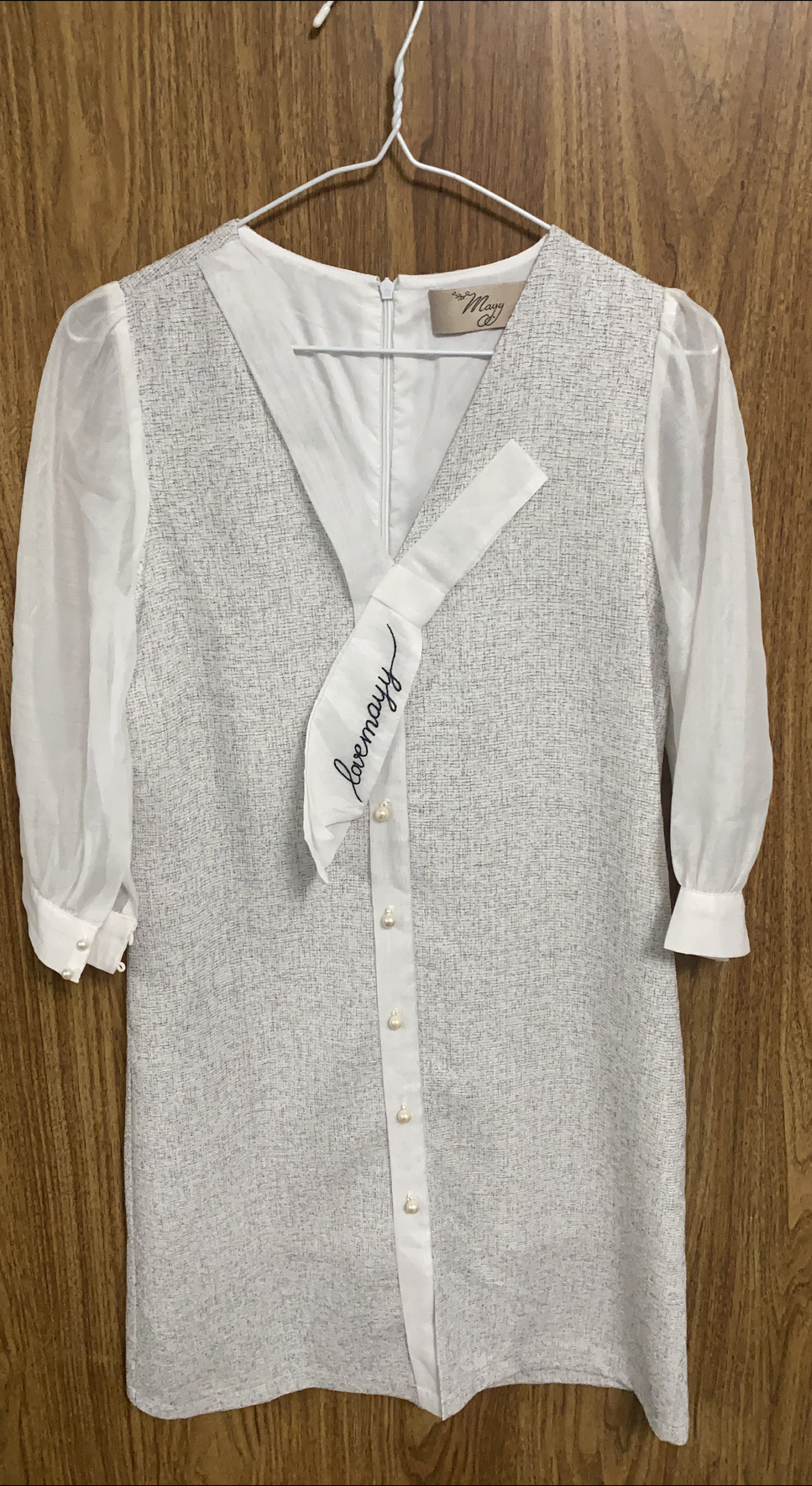 Lovemayy Dress - White & Grey, Sheer Sleeves thumbnail