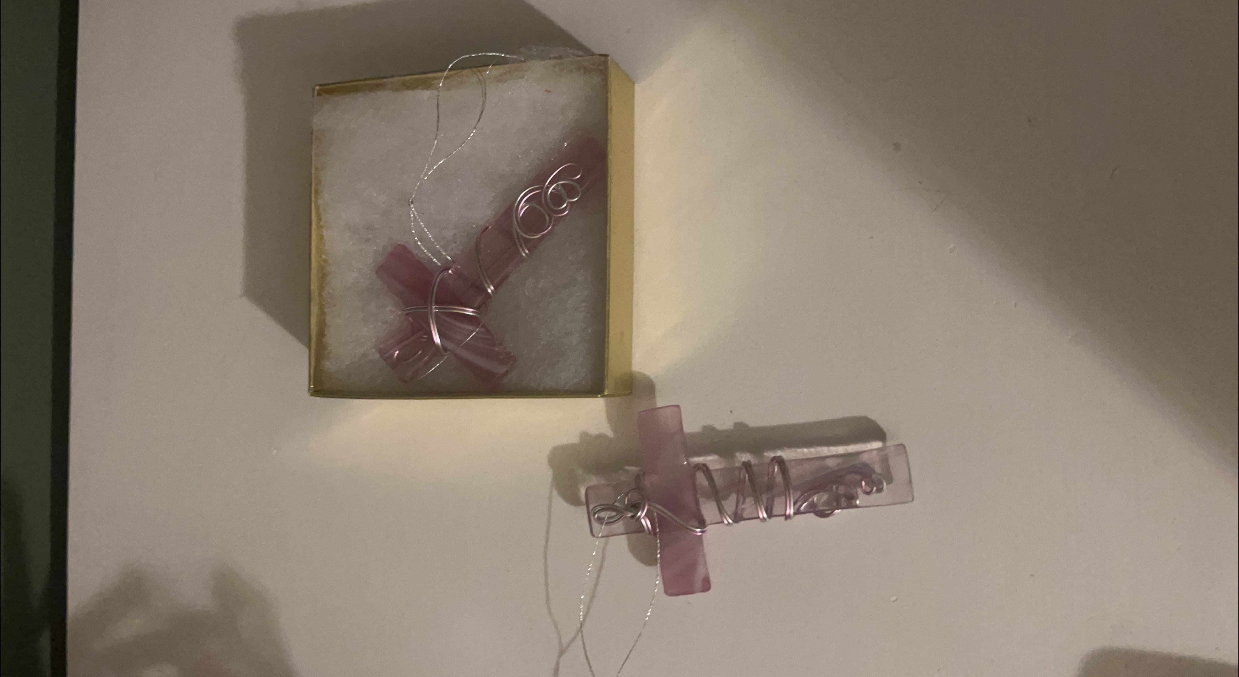 Pink Glass Cross Ornament with Silver Wire thumbnail