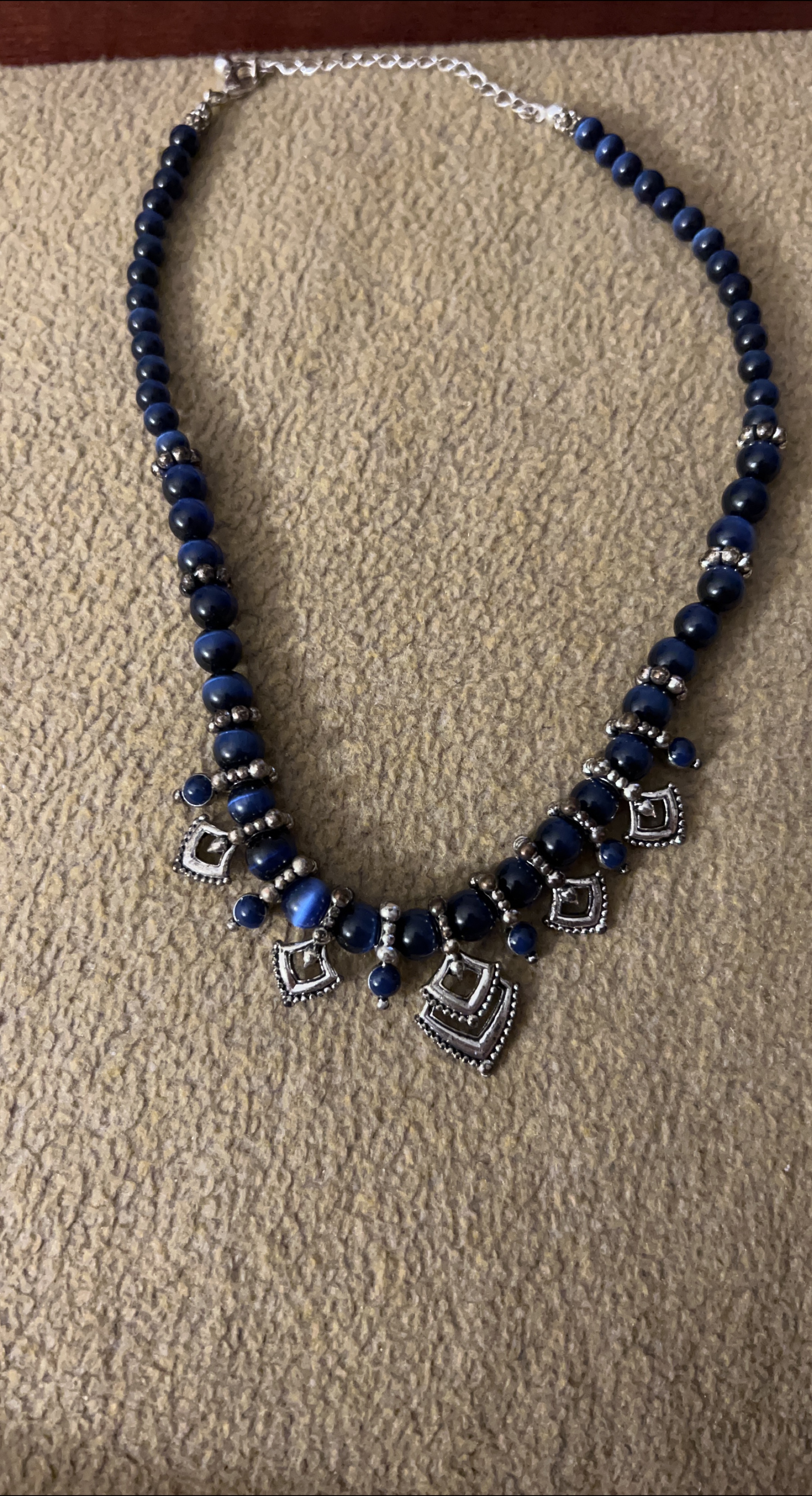 Blue Beaded Necklace with Silver Accents thumbnail