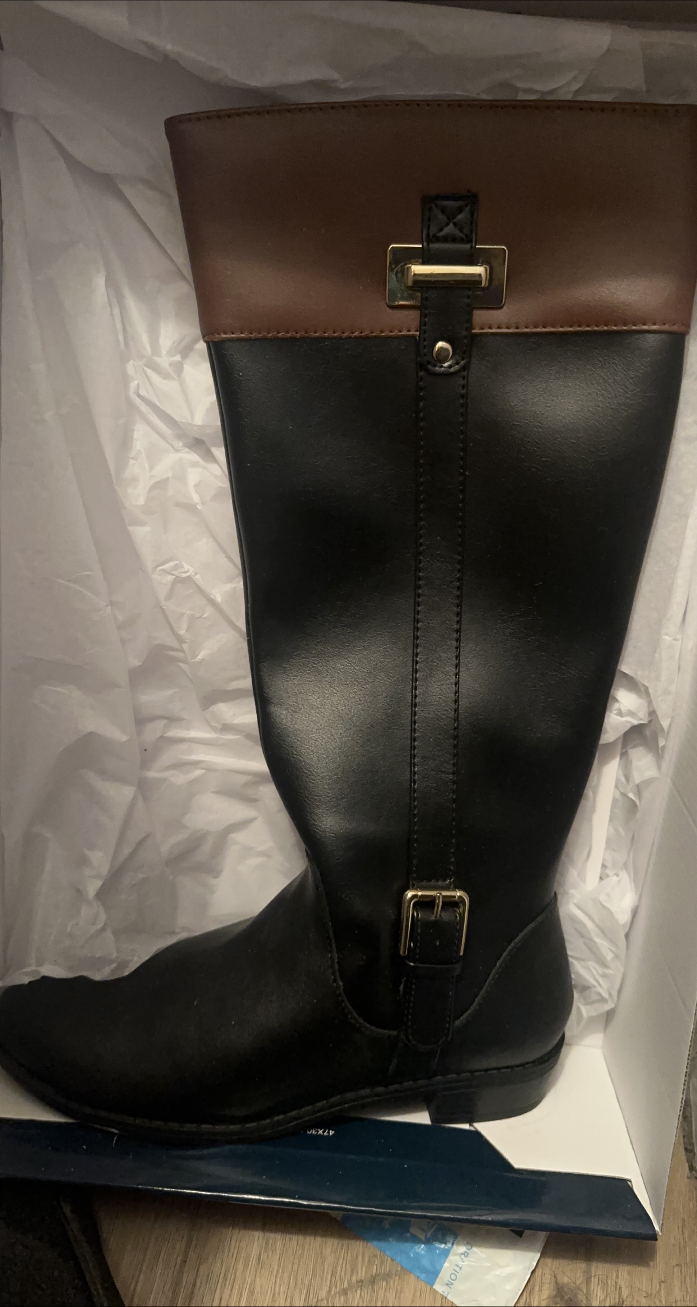 Brown and Black Knee-High Boots with Buckle Accent