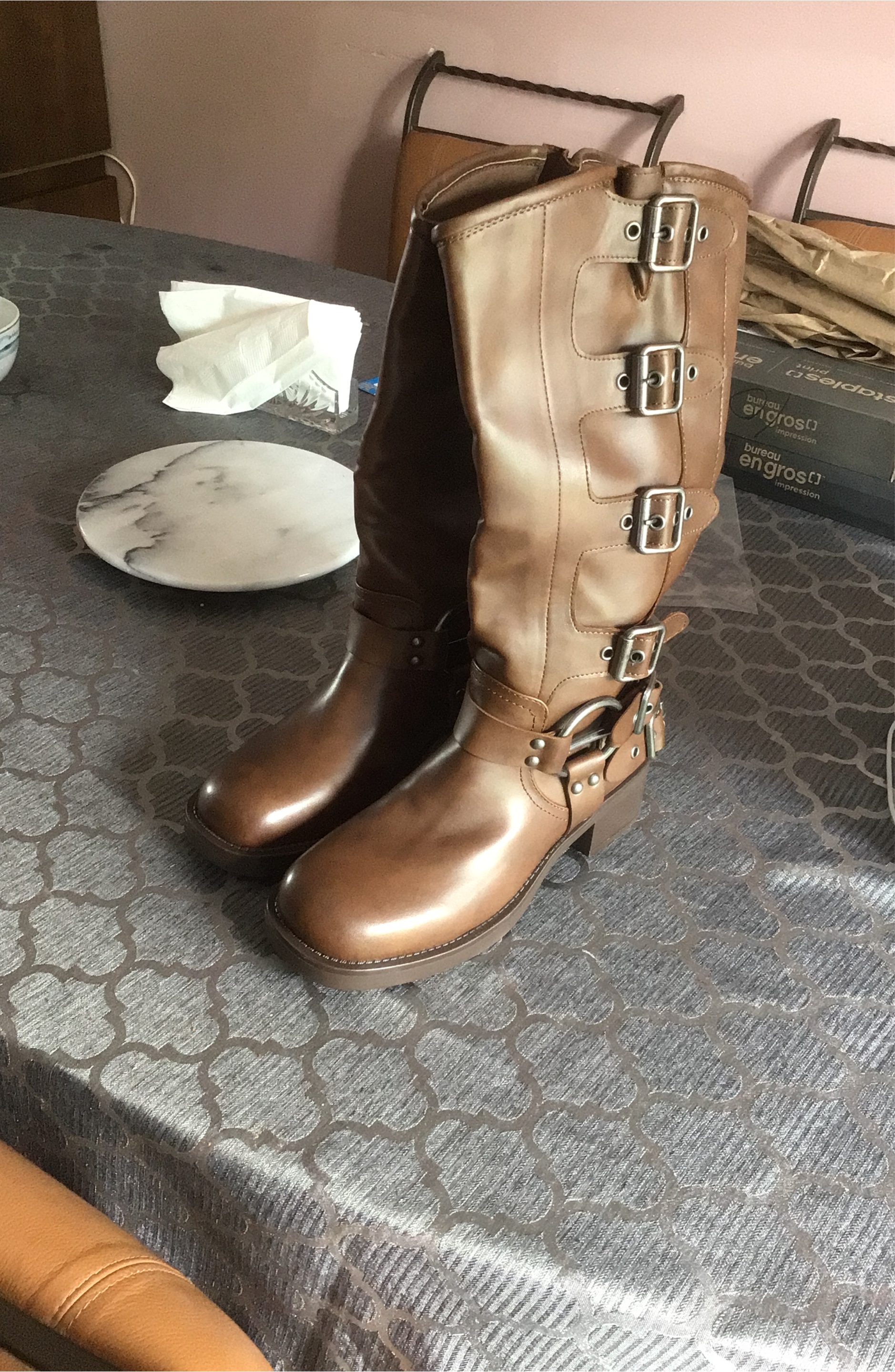 Women’s New Knee High Buckle Brown Motorcycle  Boots