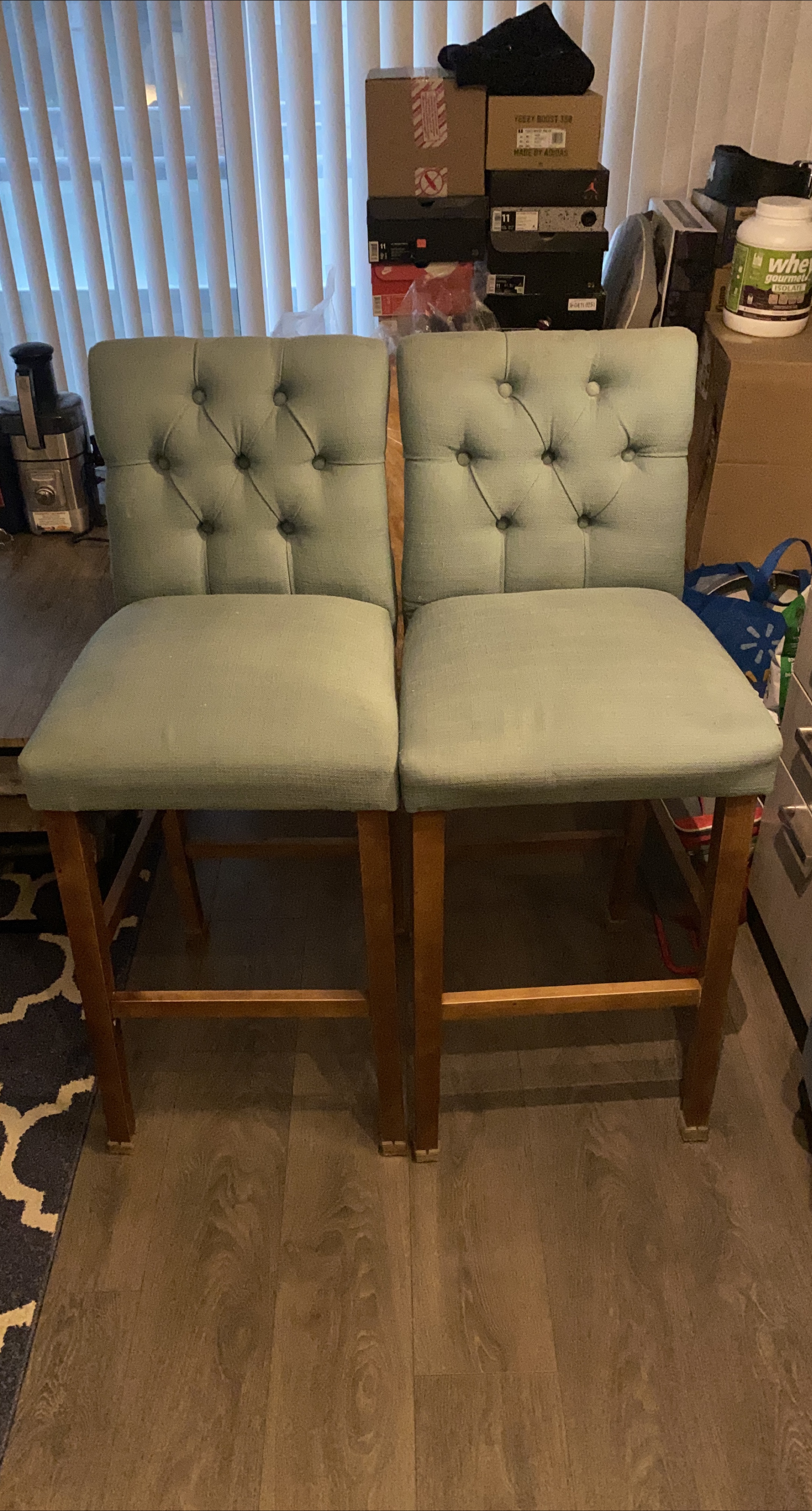 Two Tufted Bar Stools - Light Green thumbnail